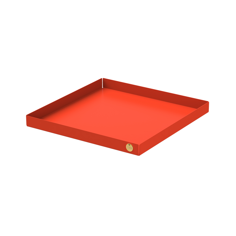 The POI Tray XL by Victor Foxtrot is a red, square tray made of powder-coated steel with a low rim and small round gold emblem. Its smooth surface stands out against a white background, making it a favorite among design lovers and ideal for POI trays enthusiasts.