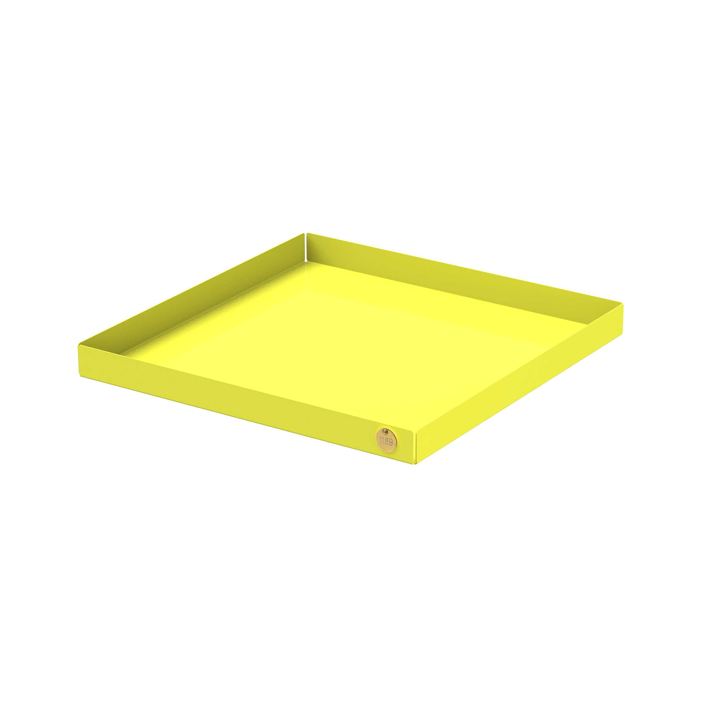 The POI Tray XL by Victor Foxtrot is a bright yellow, powder-coated steel square tray. It features tall edges for functionality and a small circular emblem in one corner, set against a plain white background—a perfect choice for design lovers.