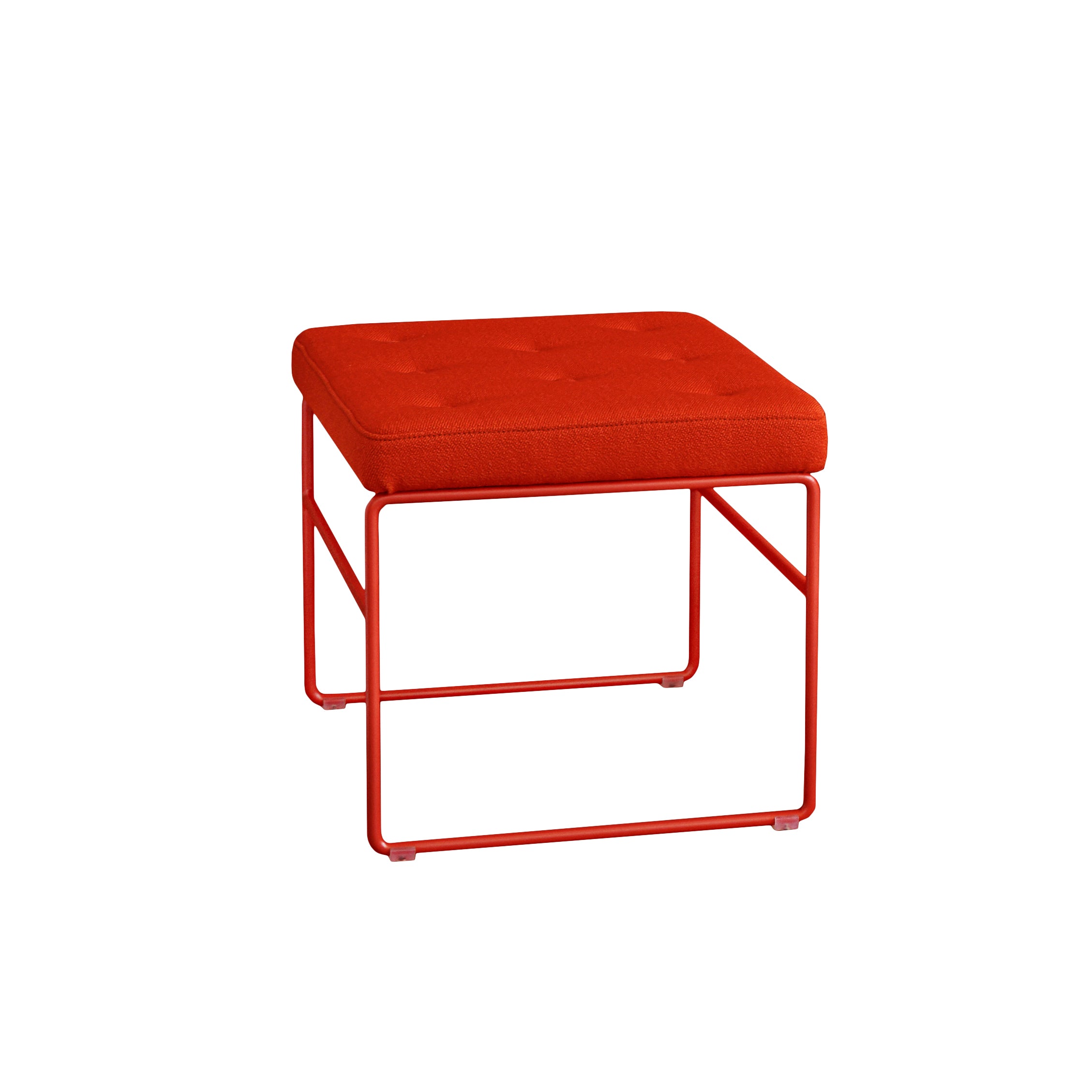 The SWELL TIME Ottoman by Victor Foxtrot is a small, modern stool with a red cushioned seat featuring button stitching and a minimalist steel frame, set against a white background.