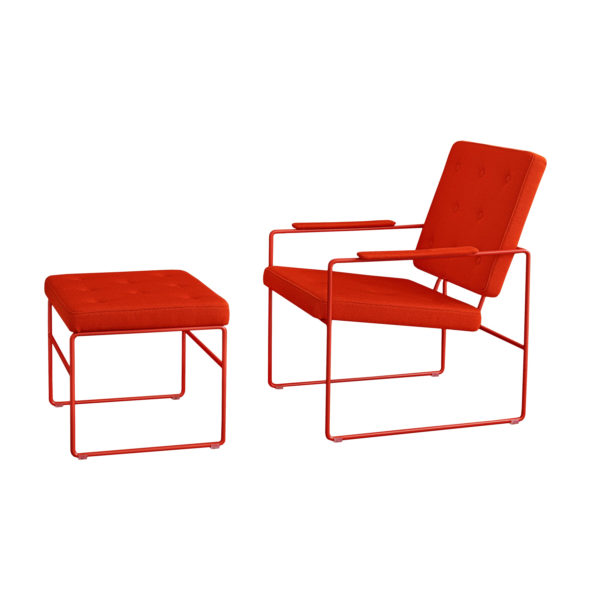 The SWELL TIME Lounge Chair by Victor Foxtrot features a red, modern design with armrests, a matching footstool, thin steel frames, and tufted British upholstery against a plain white background.