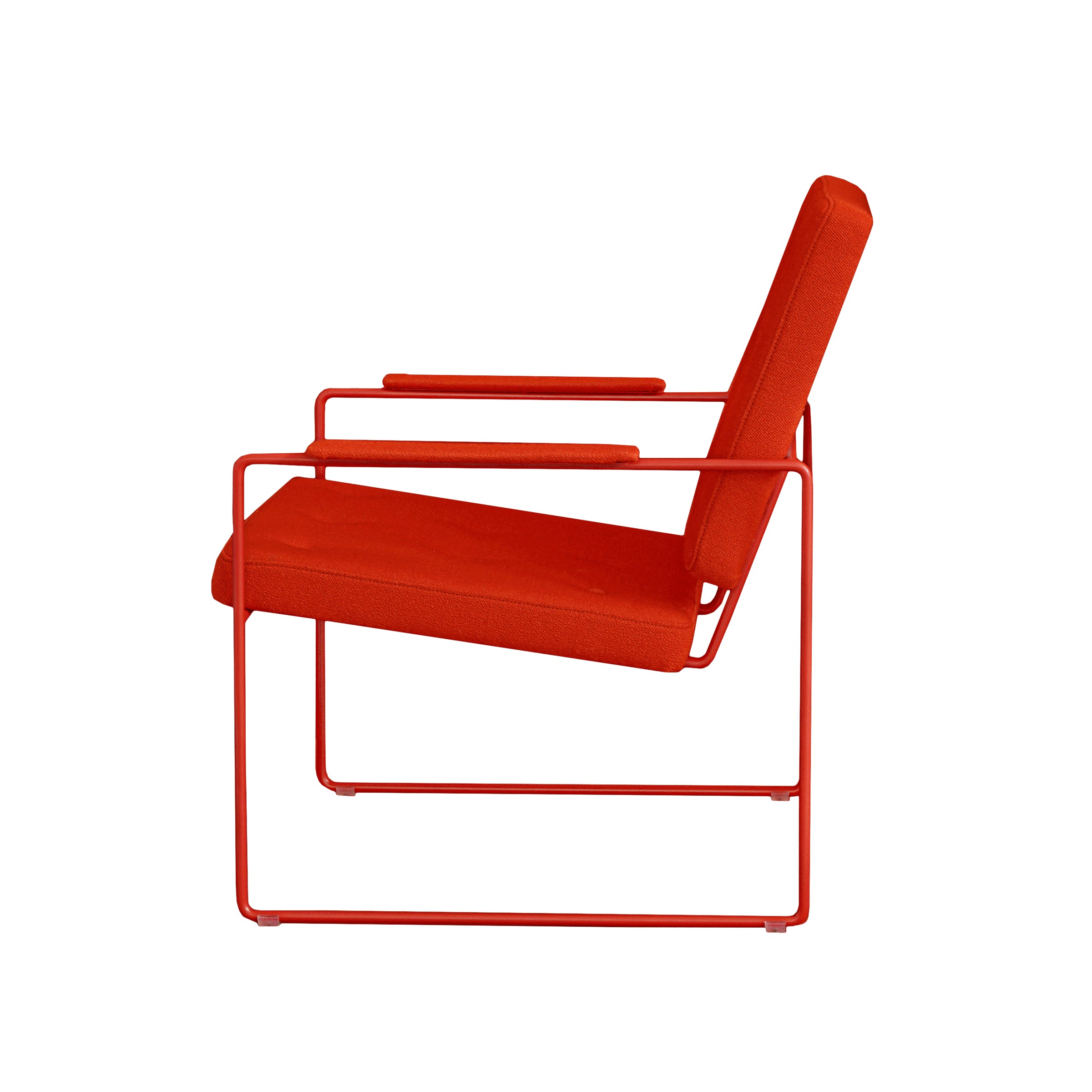 The SWELL TIME Lounge Chair by Victor Foxtrot features a sleek red metal frame with matching cushioned seat, backrest, and armrests. Its minimalist design boasts straight lines and a cantilever base, exuding modern elegance against a white backdrop.