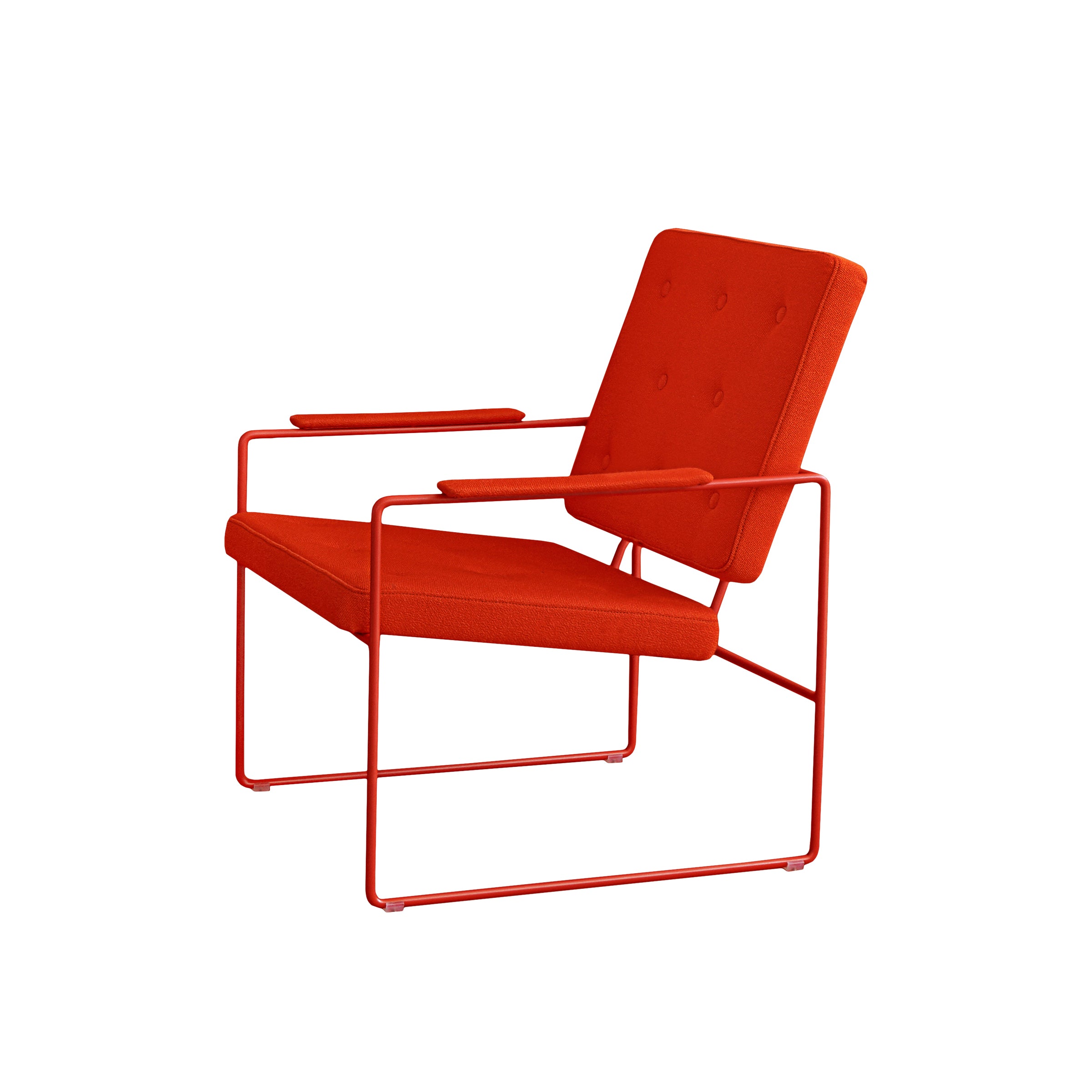 The SWELL TIME Lounge Chair by Victor Foxtrot is a modern designer piece with a red cushioned seat and backrest, button tufting, and a minimalist steel frame. It features armrests, sled legs in matching red, and showcases British upholstery craftsmanship against a white background.