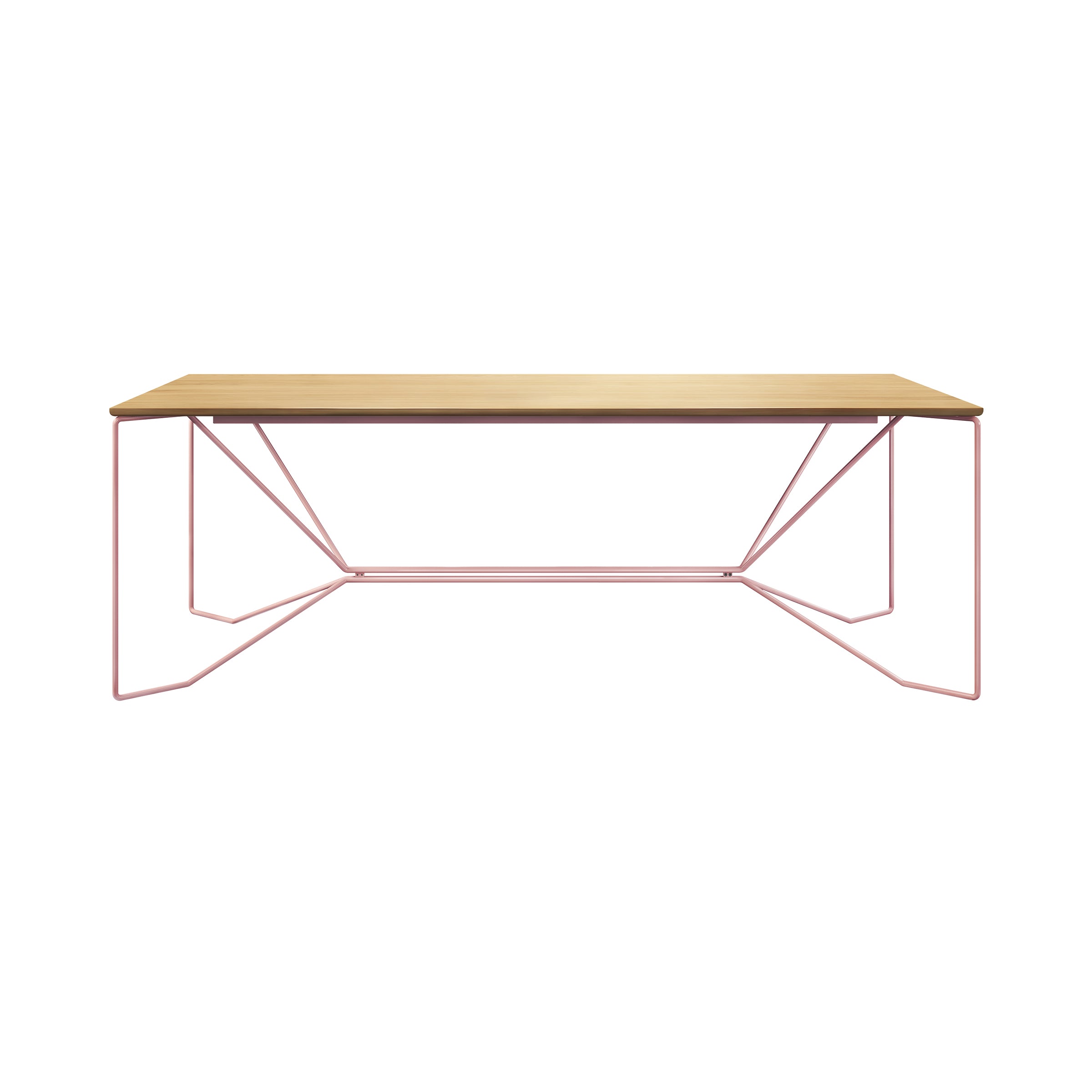 The SAME SAME Oak Table by Victor Foxtrot has a minimalist design with a solid oak top and powder-coated steel geometric pink legs, set against a white background for an open and airy look.