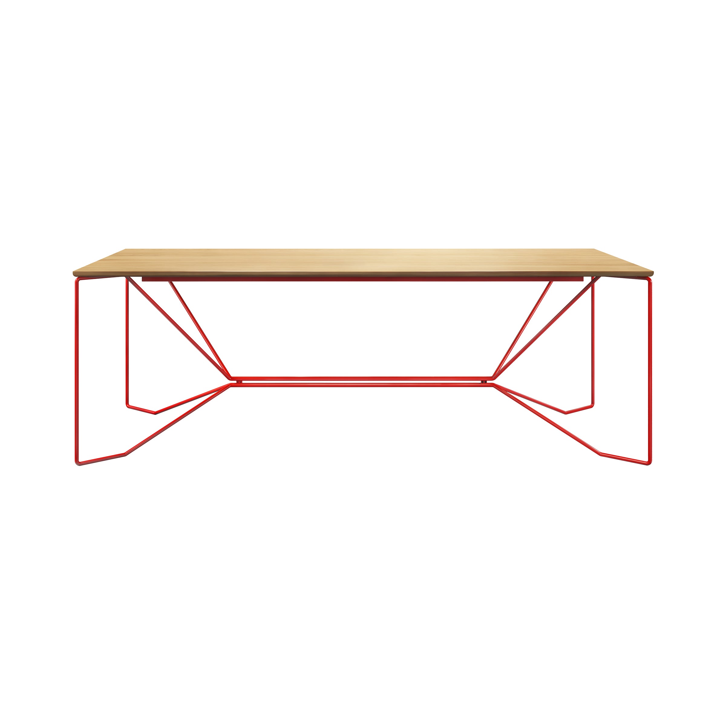 The SAME SAME Oak Table by Victor Foxtrot is a minimalist dining table with a solid oak top and geometric red powder-coated steel legs. Its angular, open-frame design contrasts natural wood with vibrant red metal, offering a modern, sleek look.