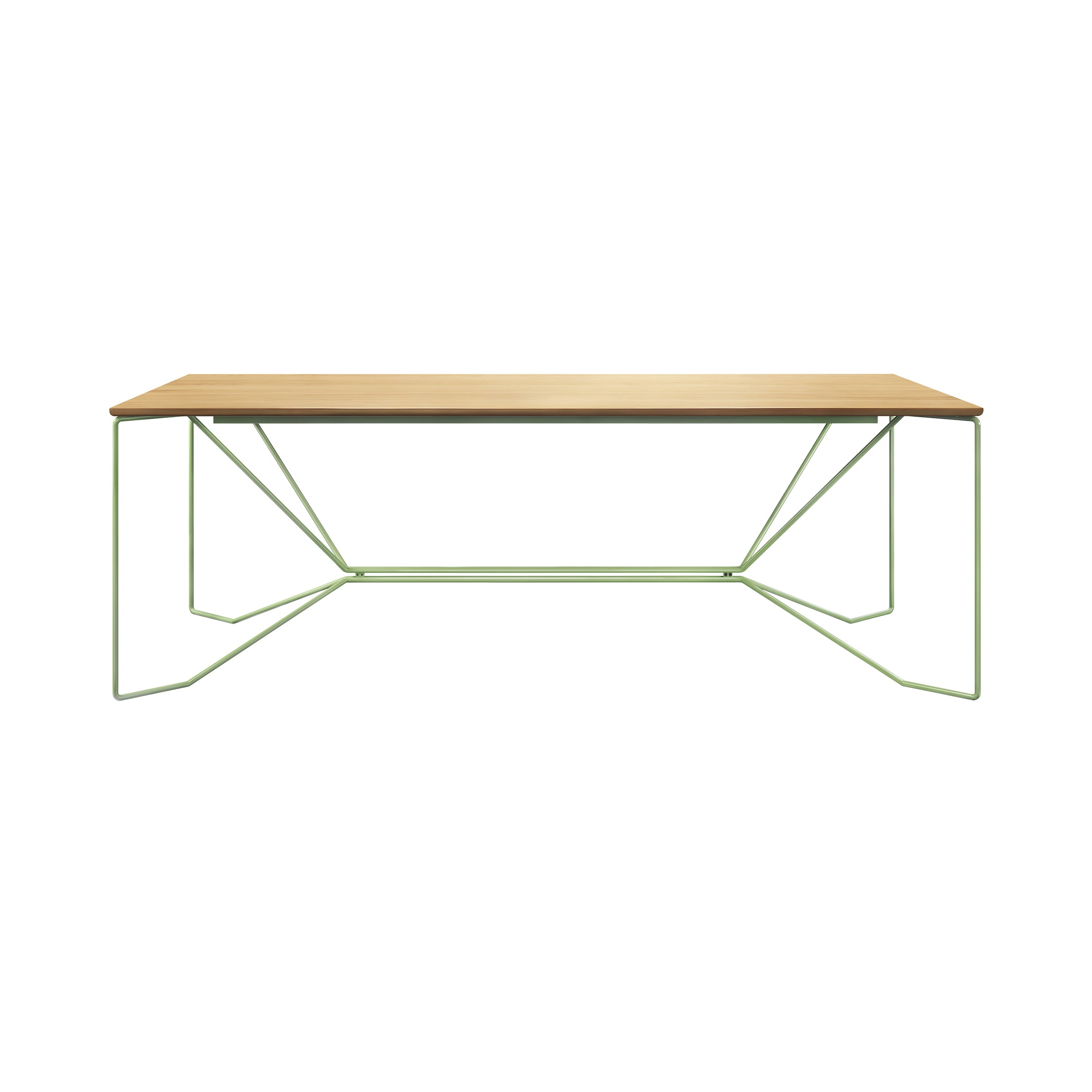 The Victor Foxtrot SAME SAME Oak Table features a solid oak top with geometric light green powder-coated steel legs. The intricate leg patterns create a modern, airy look, making it stand out beautifully against a plain white background.