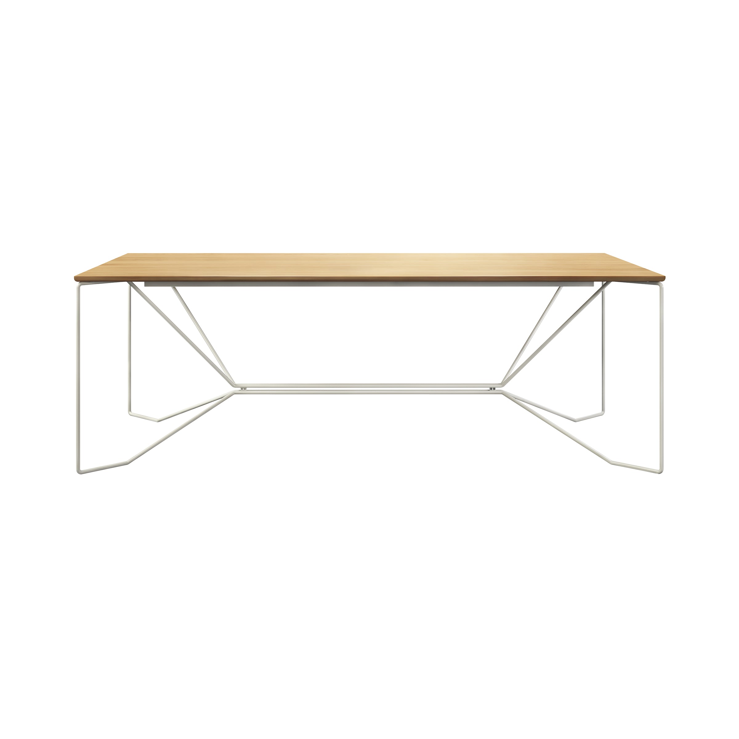 The Victor Foxtrot SAME SAME Oak Table features a modern design with a solid oak top and white powder-coated steel legs in minimalist geometric patterns, maintaining a clean and simple aesthetic.