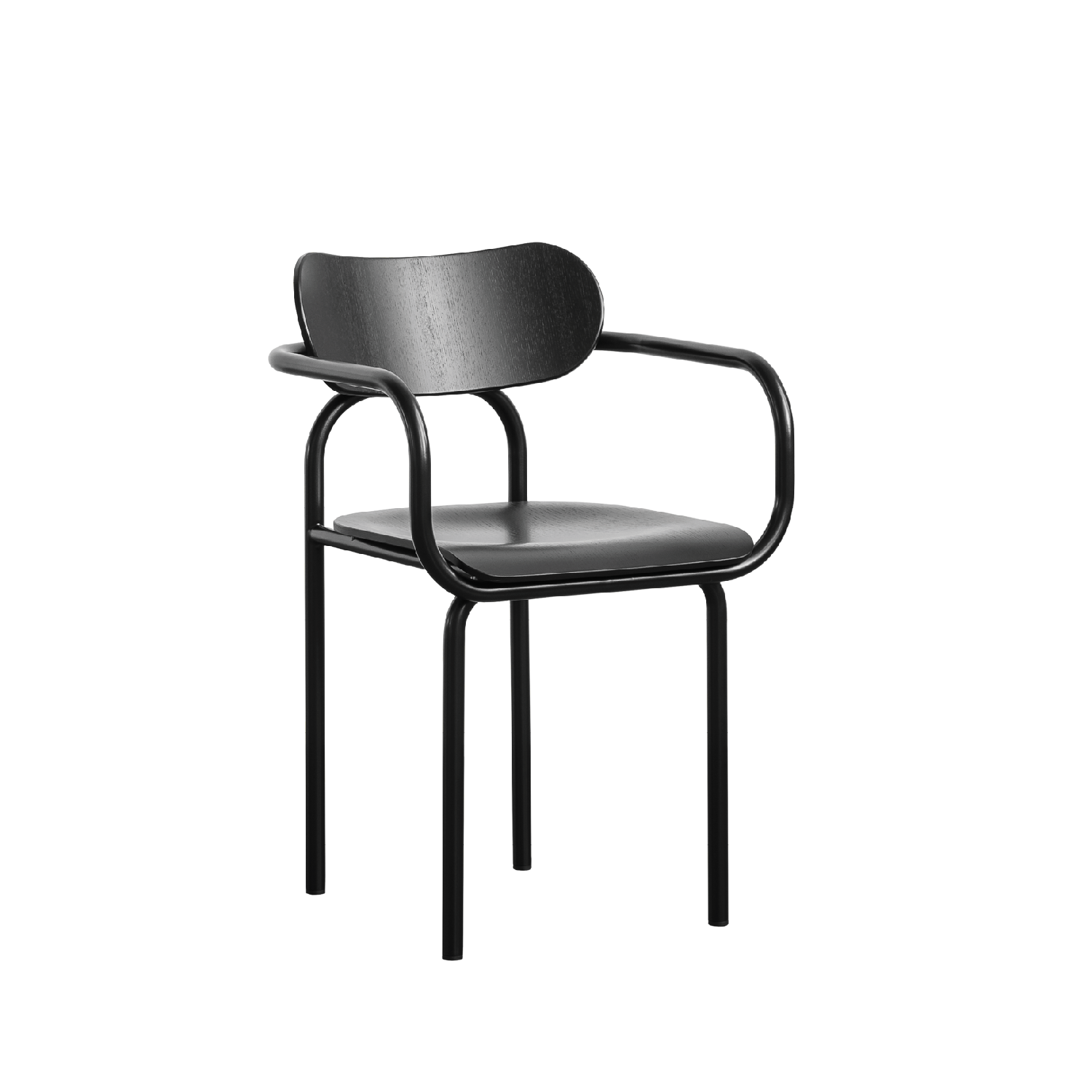 The Double U Armchair by Victor Foxtrot is a modern black chair with iconic aesthetics, featuring a curved backrest and armrests. Its sleek tubular steel frame and smooth matte finish make it both minimalist and stylish, ideal for contemporary spaces.