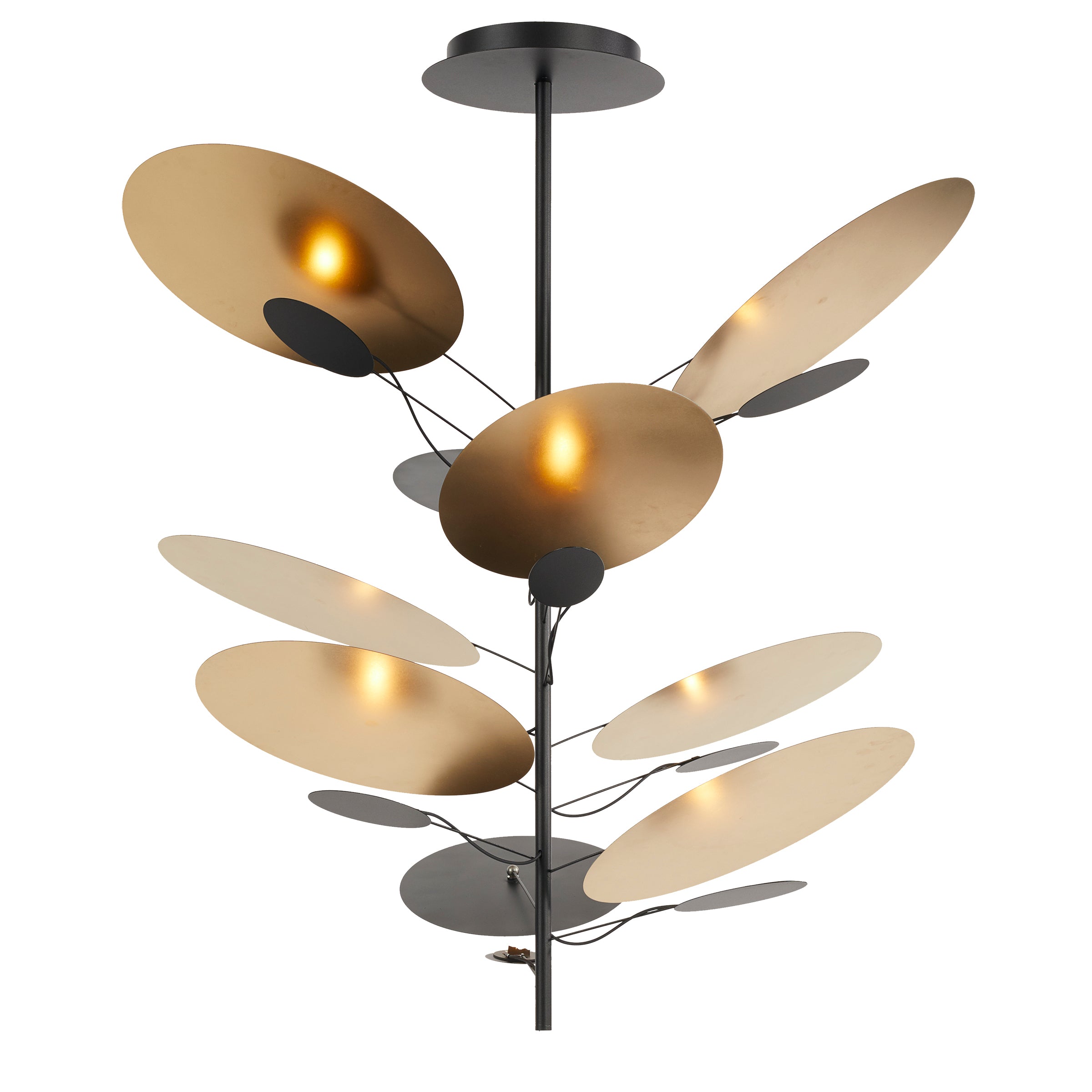 The LEAF IT Pendant Lamp by Victor Foxtrot is a modern design with a central black rod and multiple gold and black metal discs resembling reflective leaves. Some discs include built-in lights, creating a warm glow in an organic arrangement.