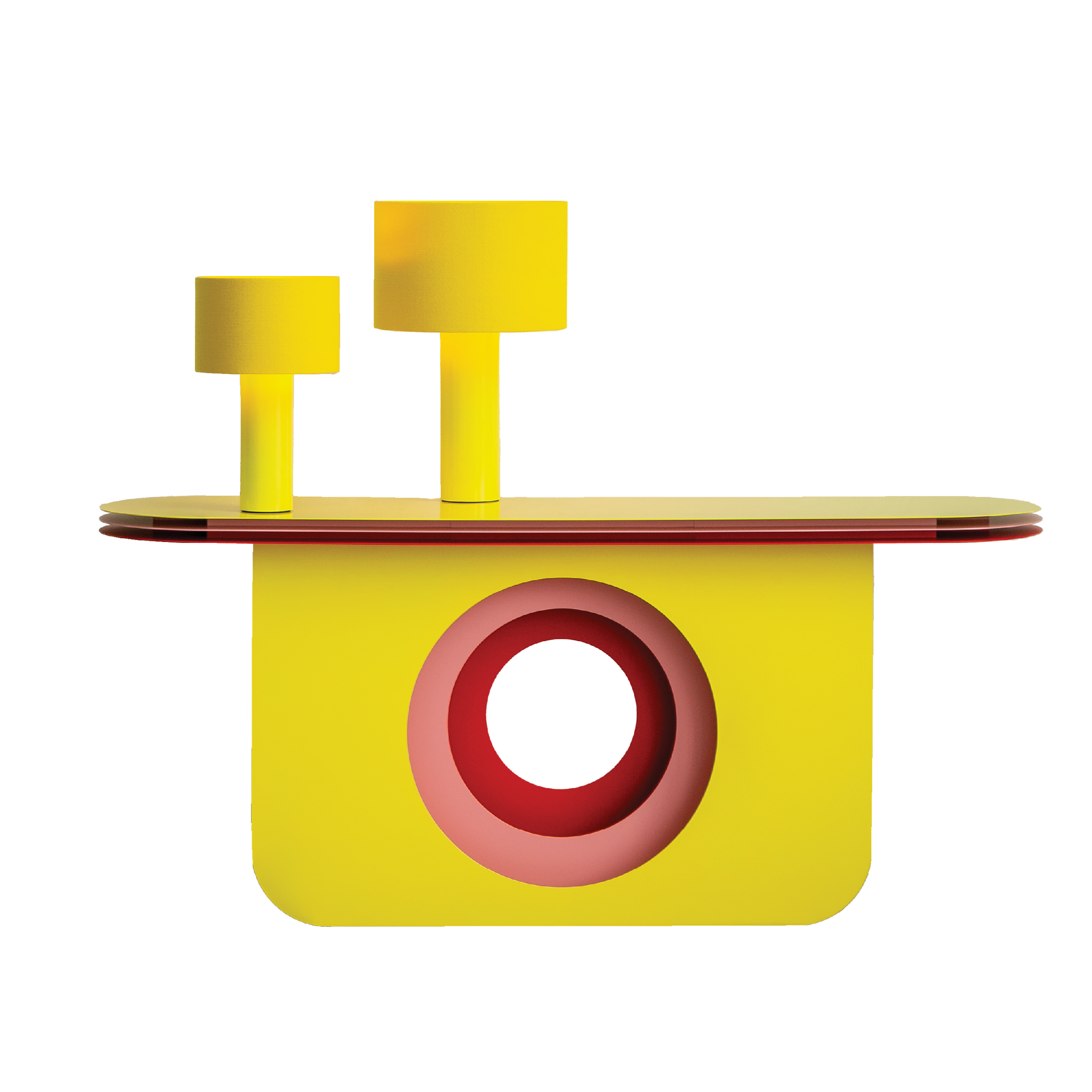 The My Ami Sideboard by Victor Foxtrot is a bold yellow and red abstract sculpture crafted from powder-coated steel. It features a flat surface, two cylindrical shapes on top, and a circular cutout at the base, combining stacked elements and contrasting colors for visual depth.