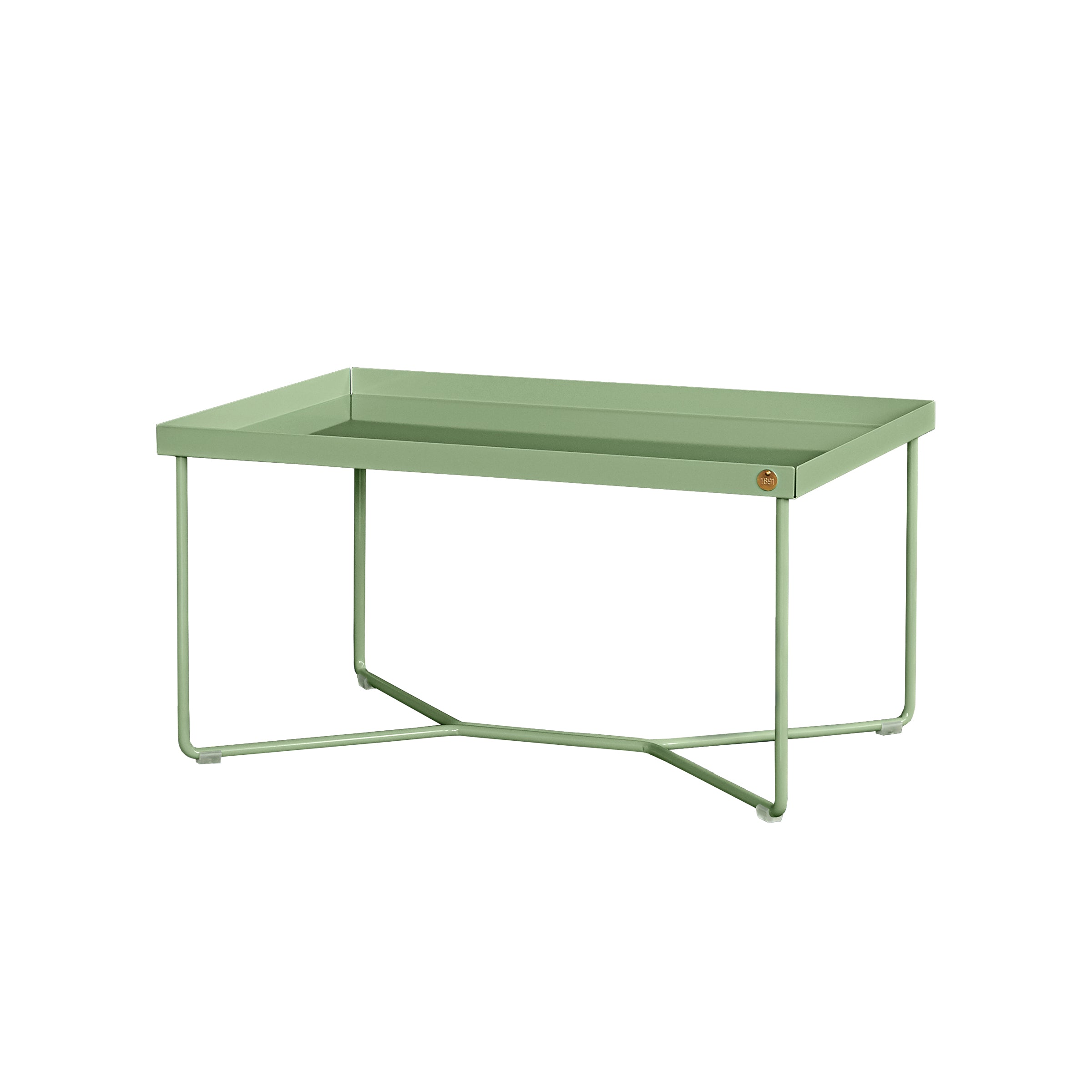 The POI SINGLE Side Table by Victor Foxtrot is a contemporary, light green coffee table featuring a rectangular tray top and slim legs. Its powder-coated steel frame with a sturdy crossbar ensures durability, while a small round label adds extra charm.