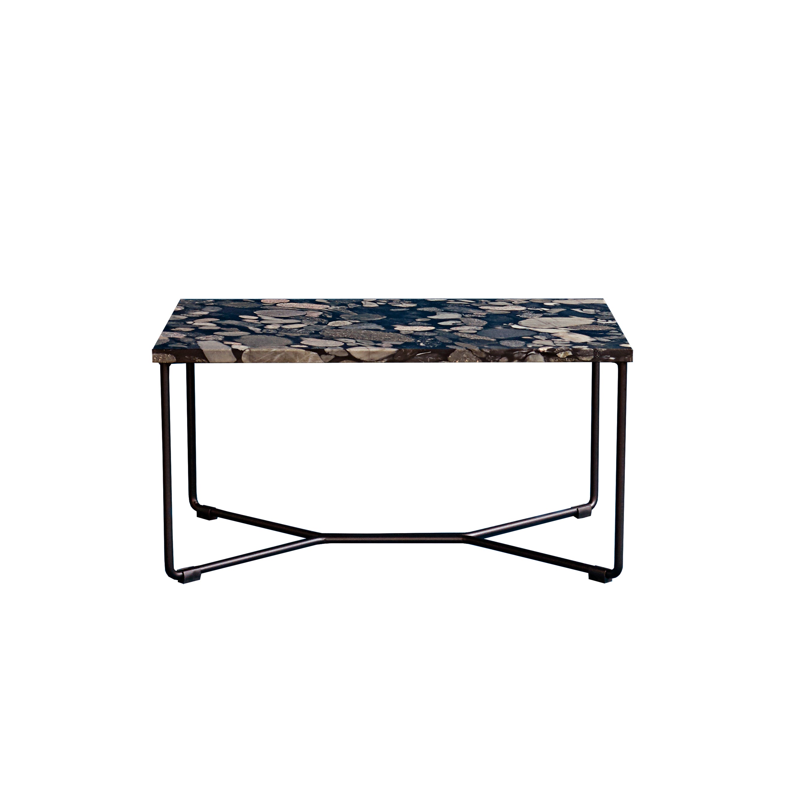 Introducing the POI SINGLE MARBLE Side Table by Victor Foxtrot: a modern, rectangular design featuring a glossy, mosaic top of Nero Marinace stone fragments, supported by slender black metal legs and a sleek steel geometric base.
