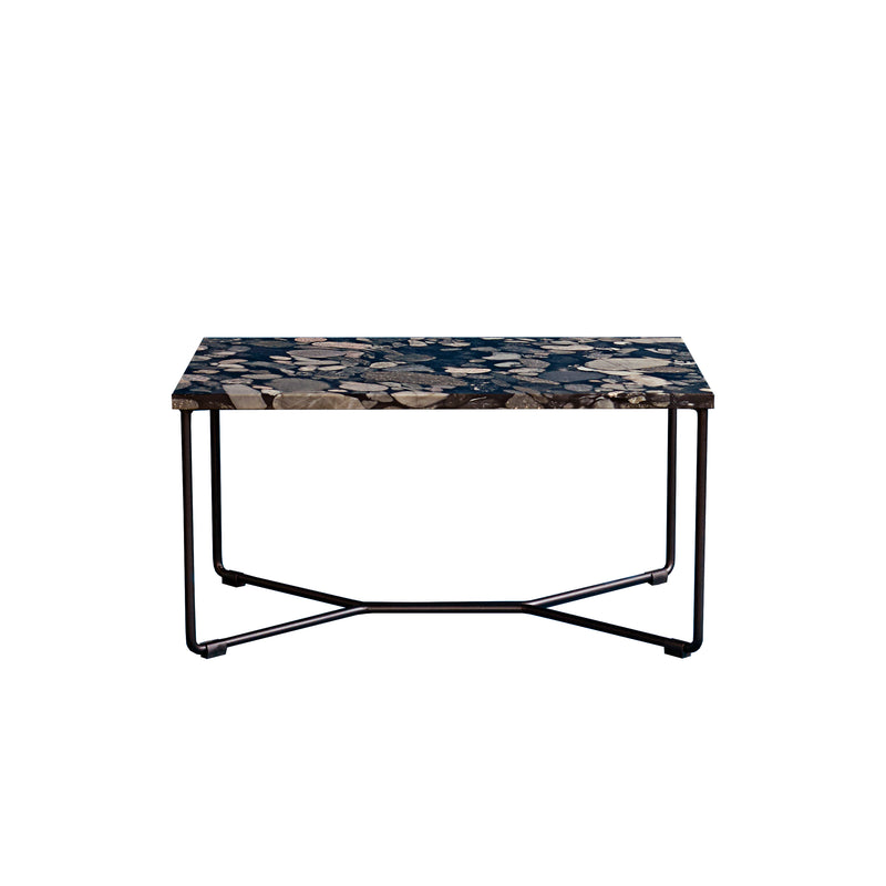 Introducing the POI SINGLE MARBLE Side Table by Victor Foxtrot: a modern, rectangular design featuring a glossy, mosaic top of Nero Marinace stone fragments, supported by slender black metal legs and a sleek steel geometric base.