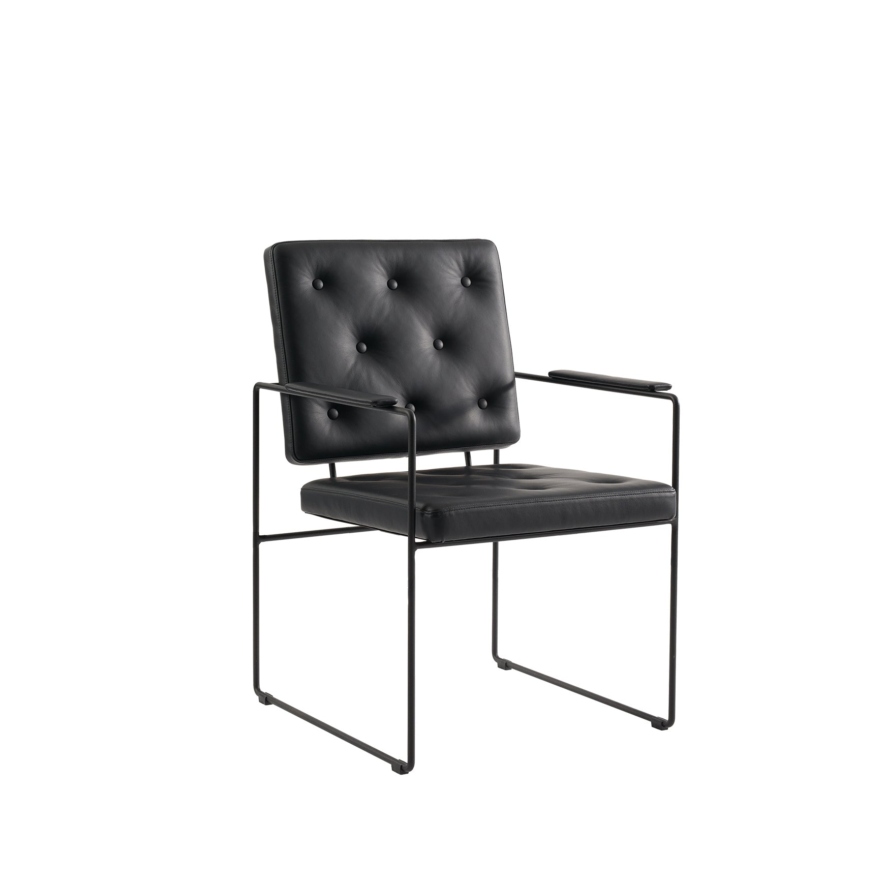The SWELL TIME Dining Chair from Victor Foxtrot features a modern black design with a tufted leather seat and backrest, complete with button stitching. Its thin steel frame arms and legs enhance its minimalist aesthetic, making it both comfortable and stylish for contemporary interiors.