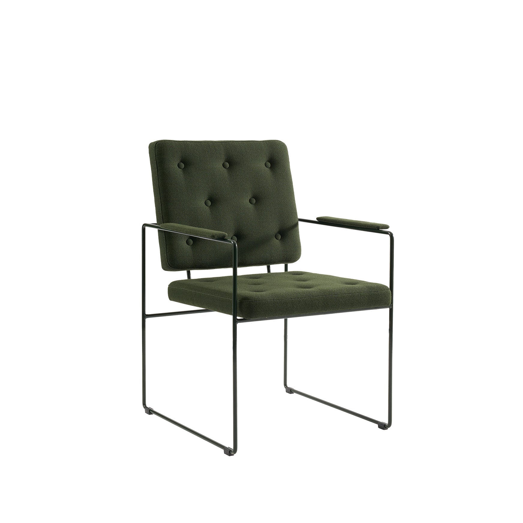 The SWELL TIME Dining Chair by Victor Foxtrot, currently on sale, has a modern steel frame with British upholstery. It features button-tufted dark green seats and backrests, slim black metal armrests, and a minimalist design for a contemporary look.