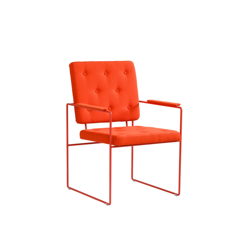 The SWELL TIME Dining Chair by Victor Foxtrot features a modern red design with a sleek steel frame and tufted cushion. Its square backrest, seat, and minimalist armrests provide striking contrast against a plain white background.
