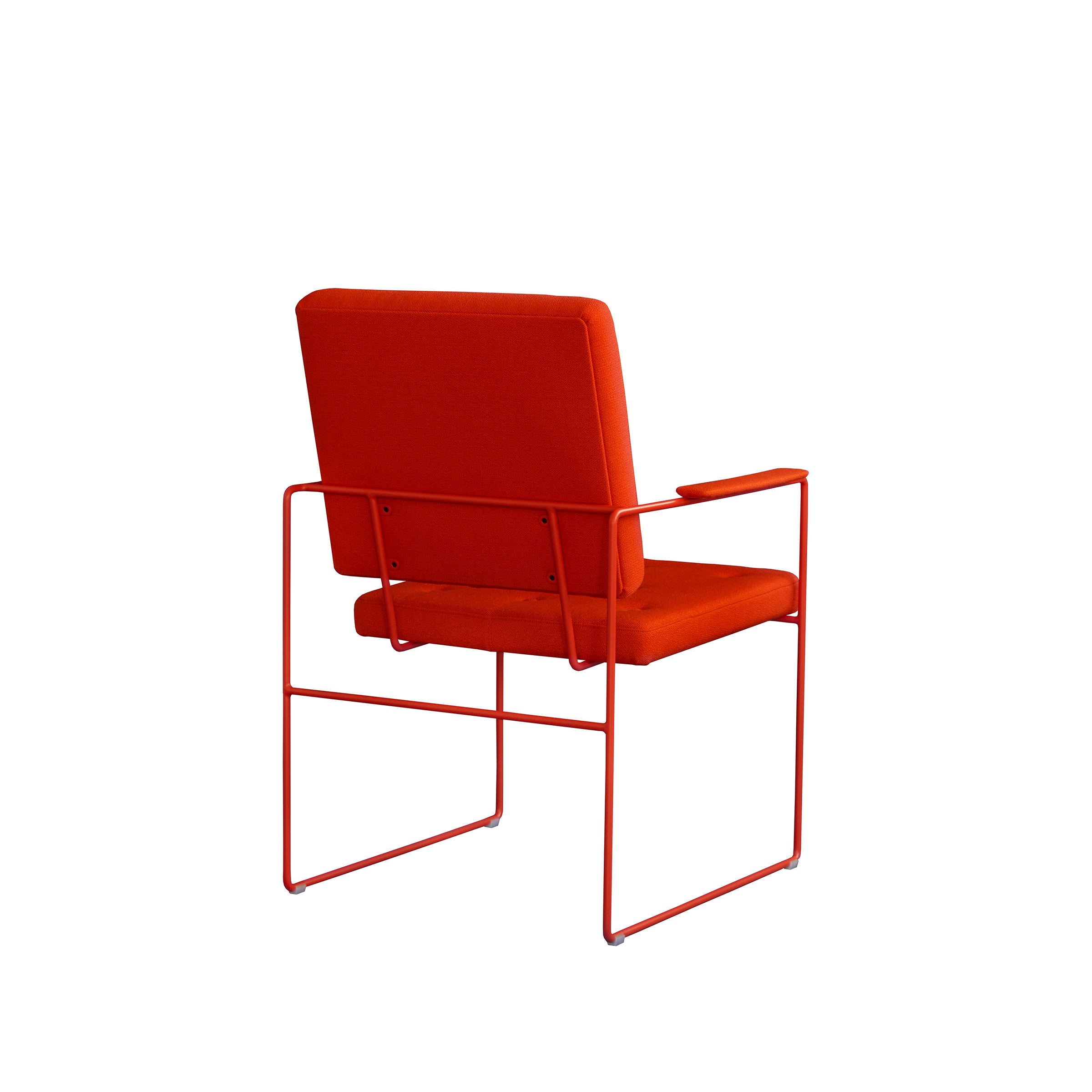 The SWELL TIME Dining Chair by Victor Foxtrot features a modern orange design with button-stitched cushioning, a minimalist steel frame, and angular armrests. Its sleek design is displayed against a plain white background.