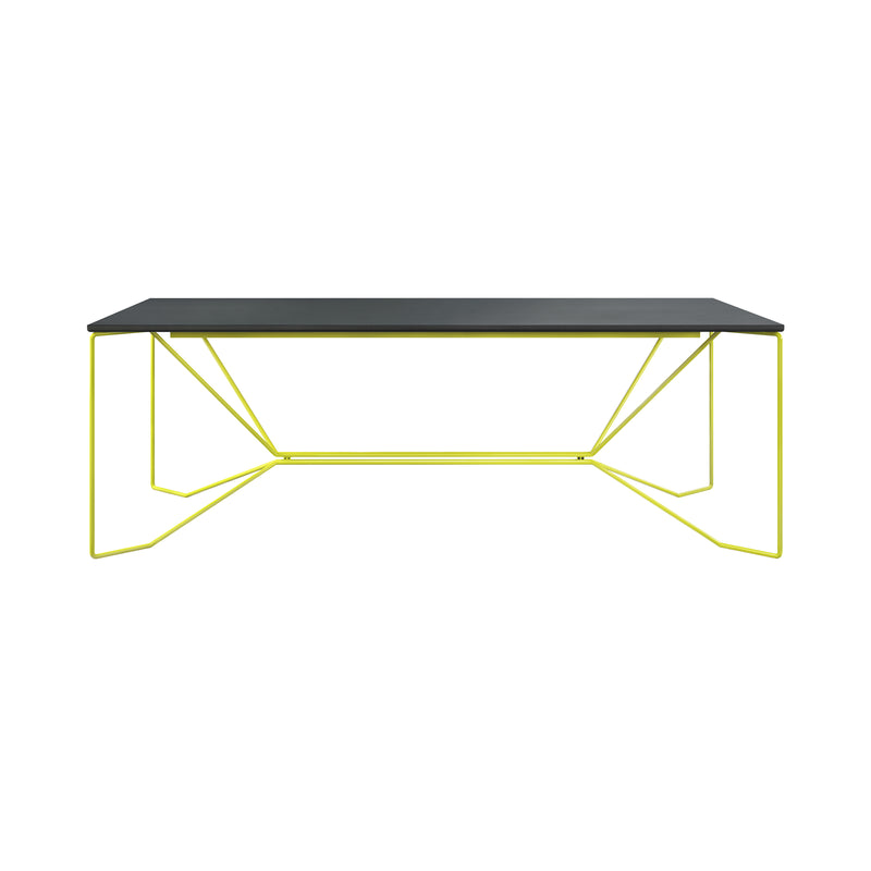 The SAME SAME Linoleum Table by Victor Foxtrot showcases a modern dark rectangular tabletop with a bright yellow powder-coated steel frame, characterized by its straight lines and angled supports for a contemporary minimalist look.