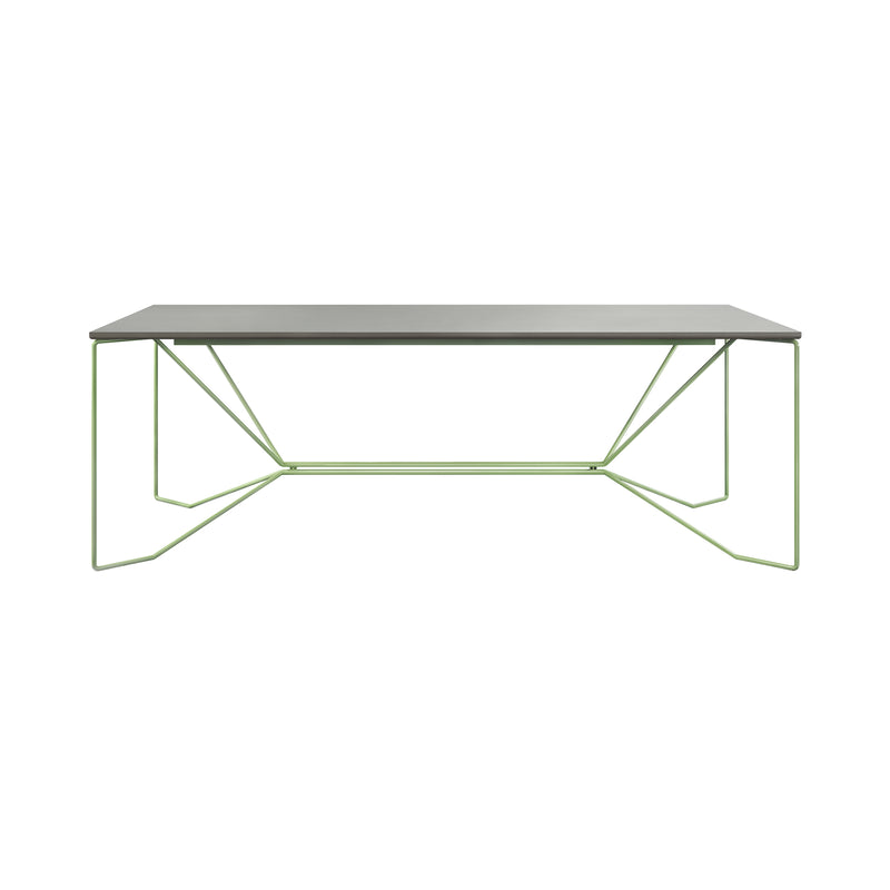 The SAME SAME Linoleum Table by Victor Foxtrot features a modern rectangular design with a dark gray tabletop and light green geometric metal legs. Made of powder-coated steel, its symmetrical wireframe structure offers a sleek, contemporary look.