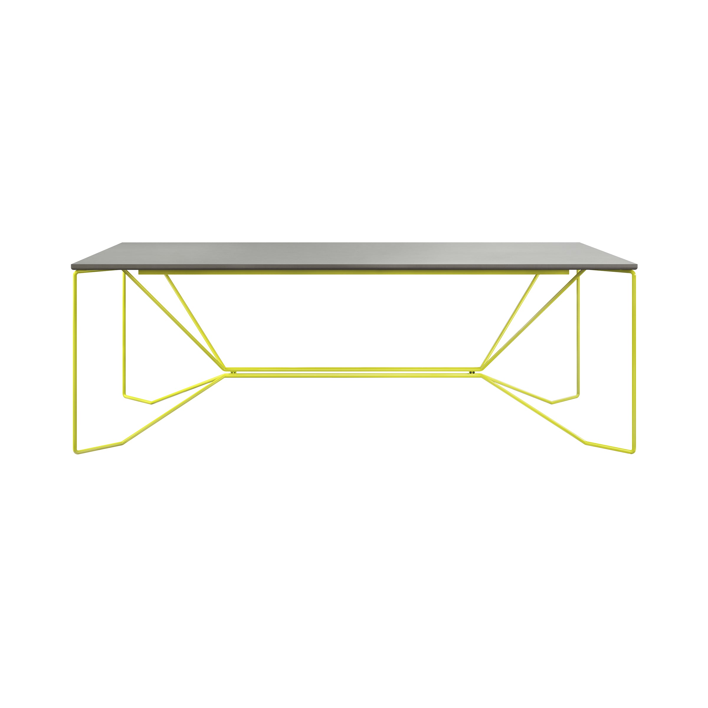 The SAME SAME Linoleum Table by Victor Foxtrot features a modern design with a sleek gray top and powder-coated yellow metal legs, enhanced by a durable steel frame. Now on sale!.