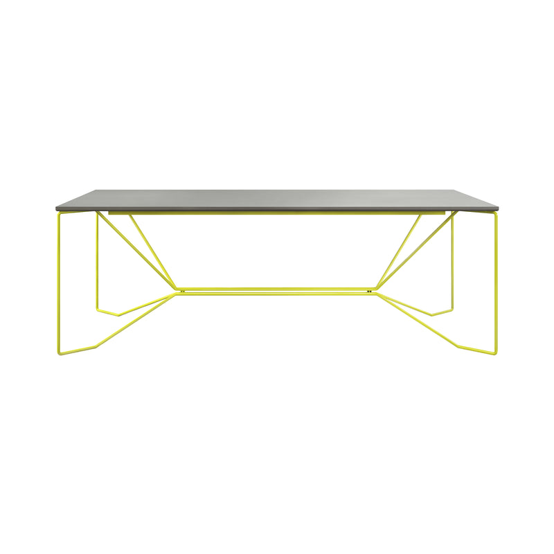 The SAME SAME Linoleum Table by Victor Foxtrot features a modern rectangular design with a sleek gray tabletop and bright yellow geometric powder-coated steel legs, presented against a white background.