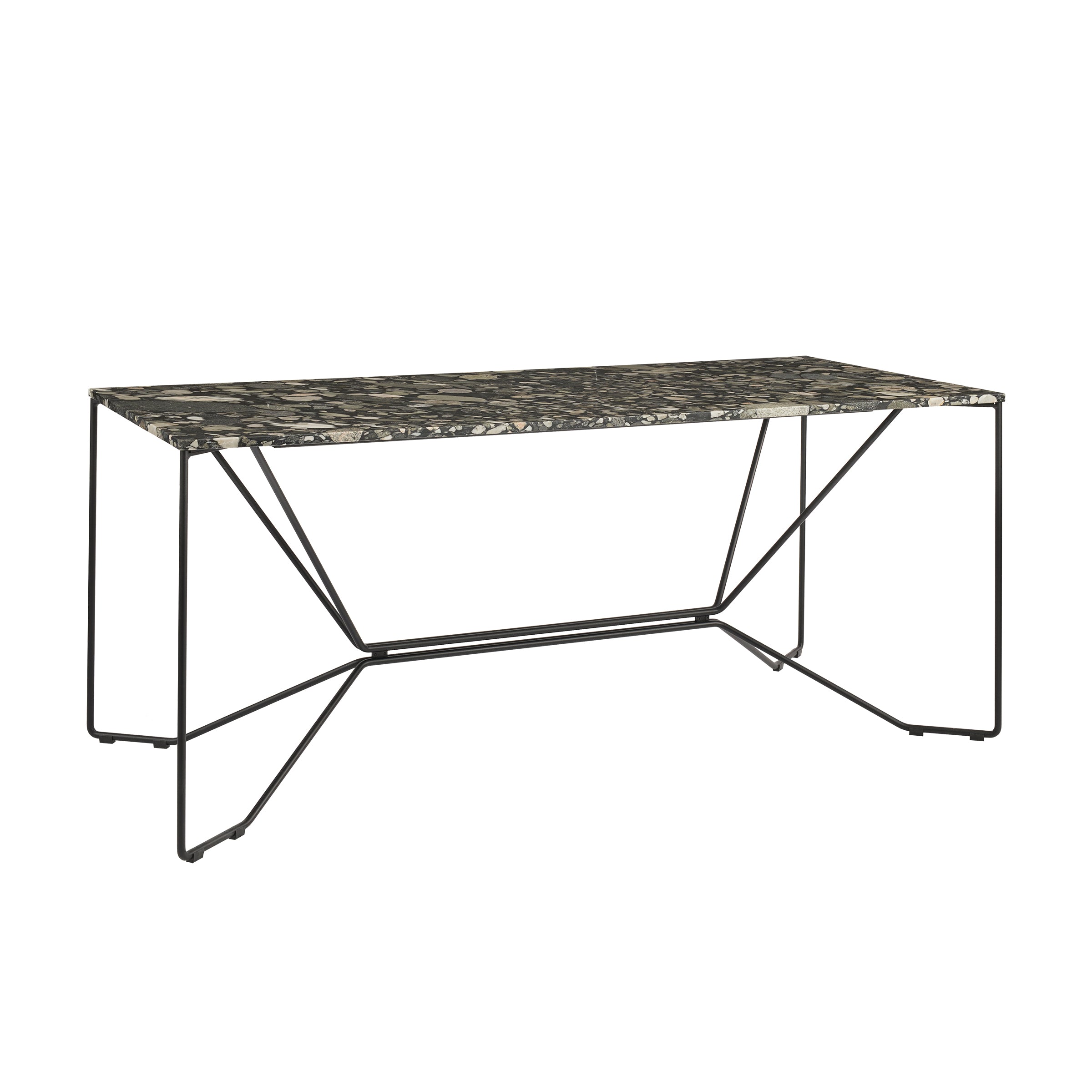 The SAME SAME Nero Marinace Table by Victor Foxtrot features a modern design with a textured, stone-patterned rectangular top in exquisite Nero Marinace and a minimalist black powder-coated steel frame with a geometric style for an elegant and contemporary look.
