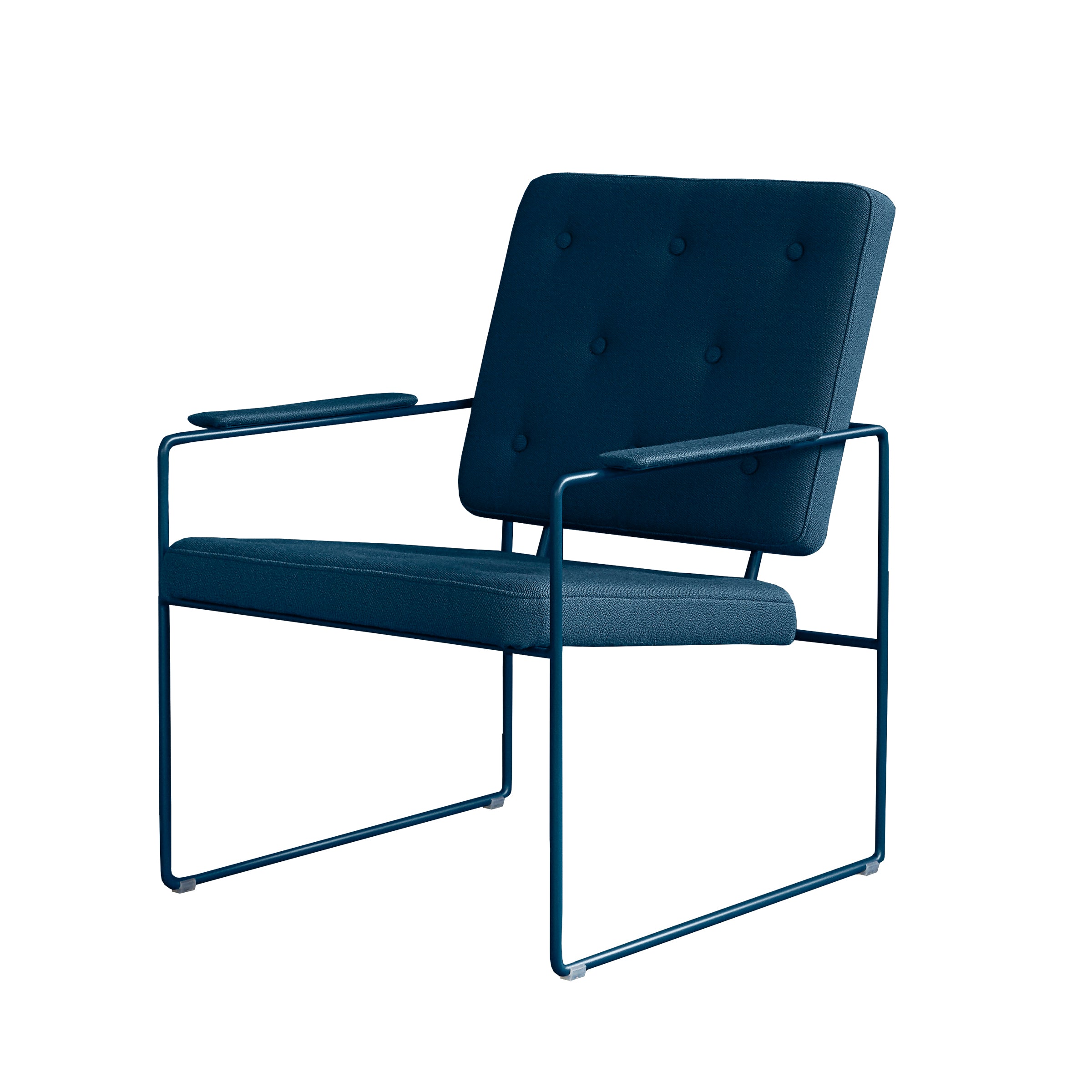 The SWELL TIME Lounge Chair by Victor Foxtrot is a modern, minimalist design featuring British upholstered dark blue cushion with button tufting and sleek steel frame armrests and legs for a contemporary look.