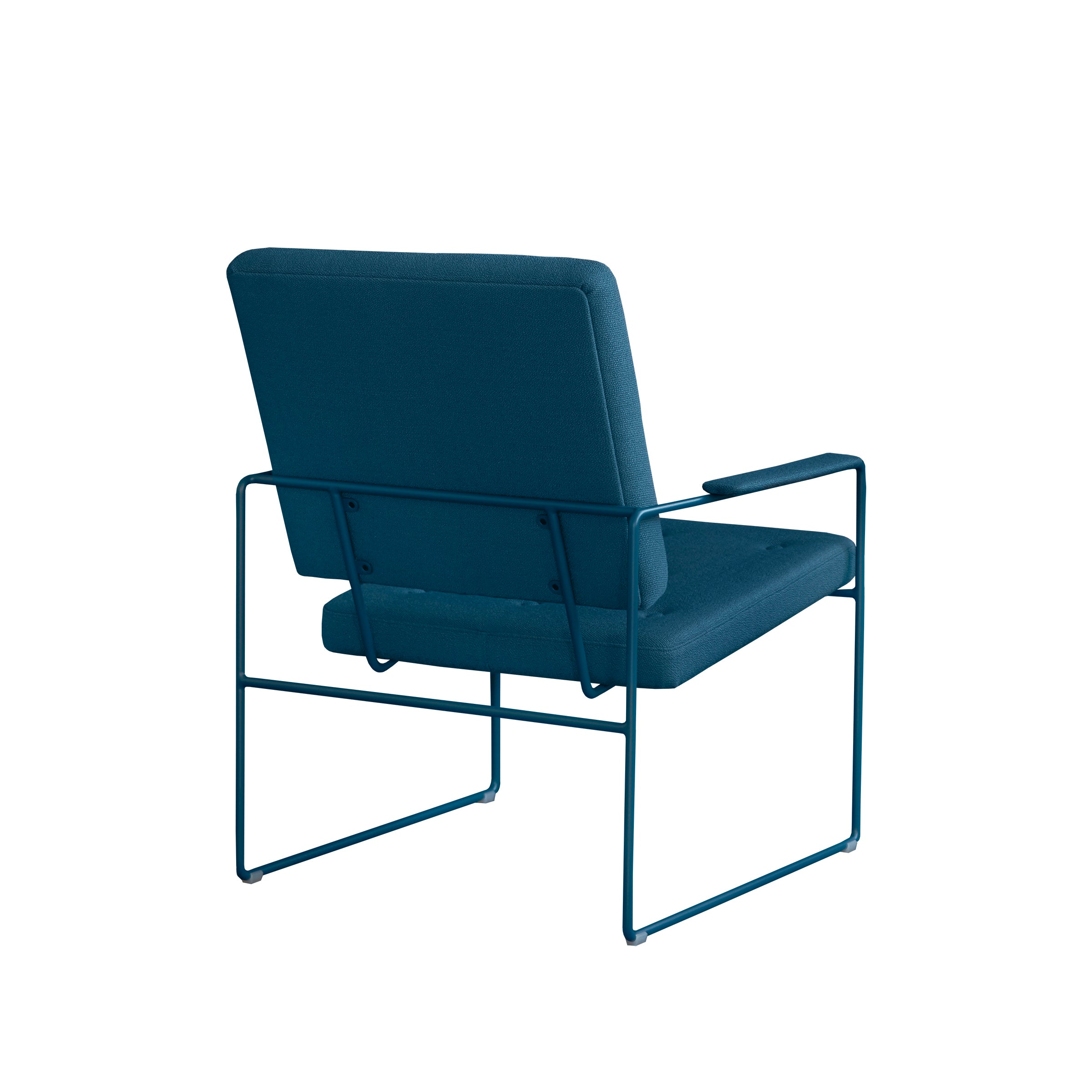 The SWELL TIME Lounge Chair by Victor Foxtrot features a teal cushioned seat and backrest on a minimalist steel frame. Captured from the rear, it showcases its sleek design against a plain white background.