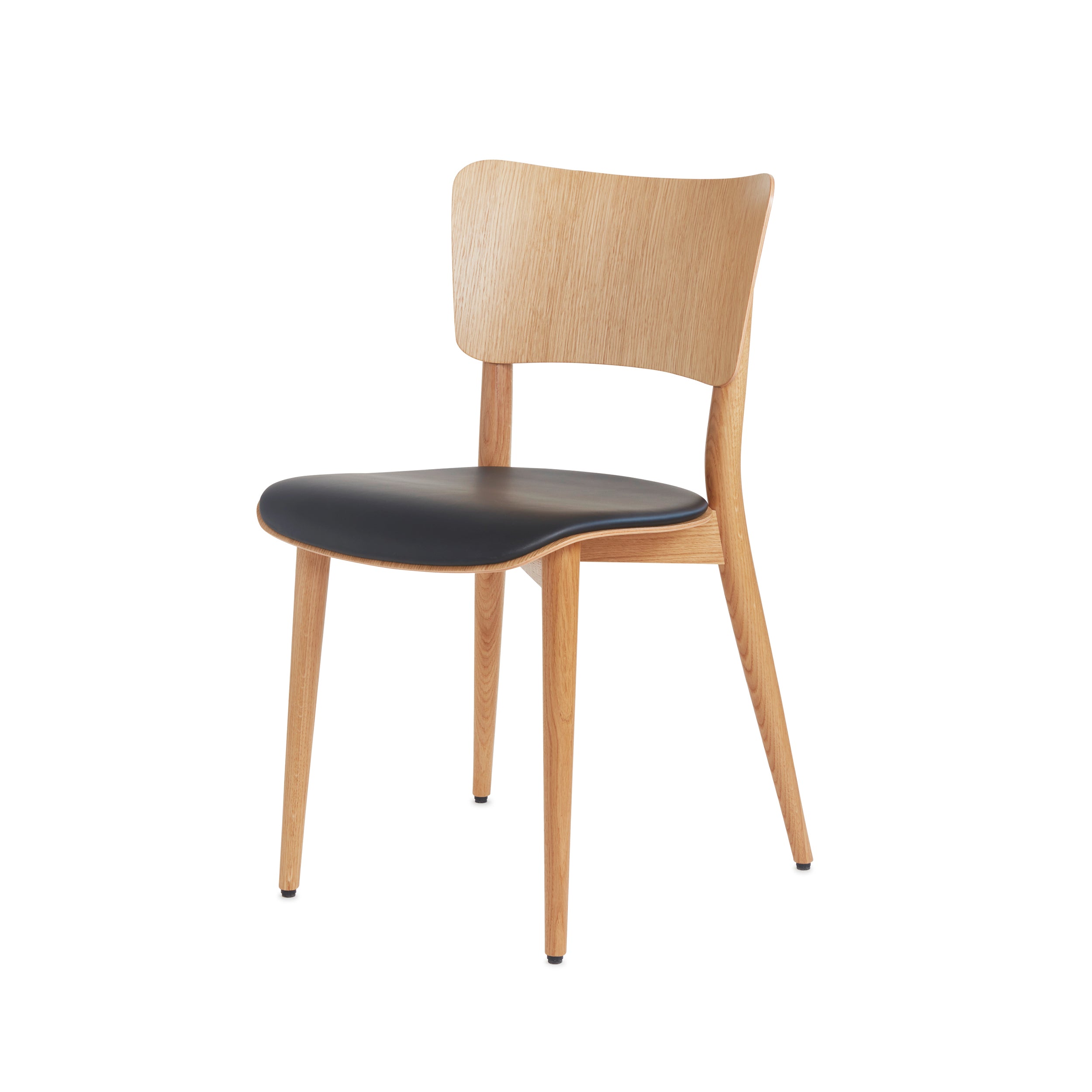 The Kreuzzargenstuhl Upholstered by WB Form features a curved backrest and four legs, modern minimalist design with a natural wood finish, a black cushioned seat, and offers various upholstery options for personalized comfort.