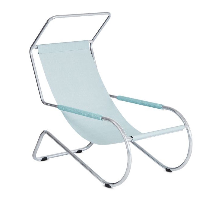 The Lido Lounger by WB Form is a sleek, modern cantilever chair with a minimalist design. It features a light blue fabric seat elegantly suspended in a curvy silver metal frame, boasting a geometric structure on a simple base.