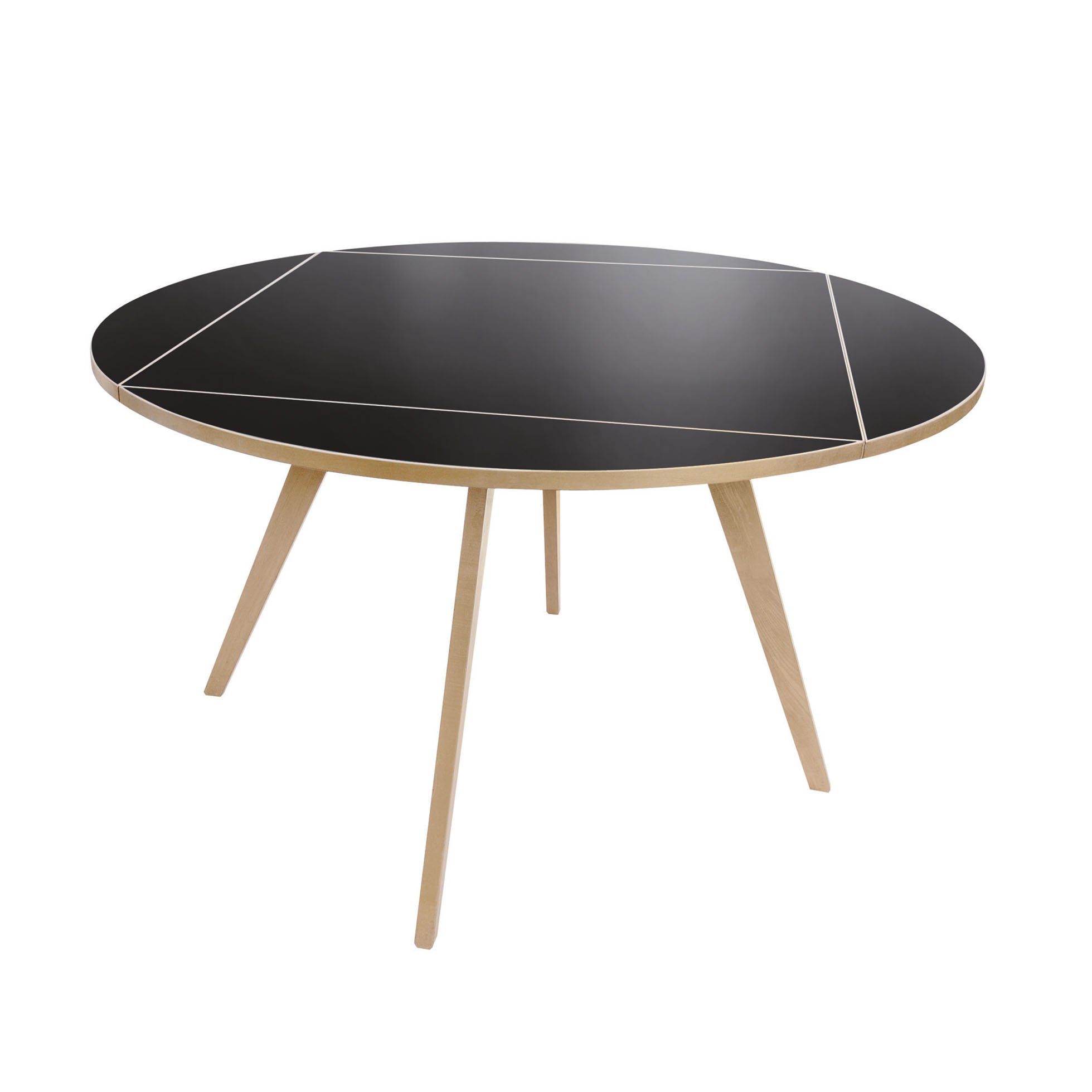 The Quadrat-Rund Table by WB Form is a black round table with minimalist style, featuring light wooden tripod legs and fine white geometric lines, echoing the refined Wohnbedarf Zurich aesthetic.