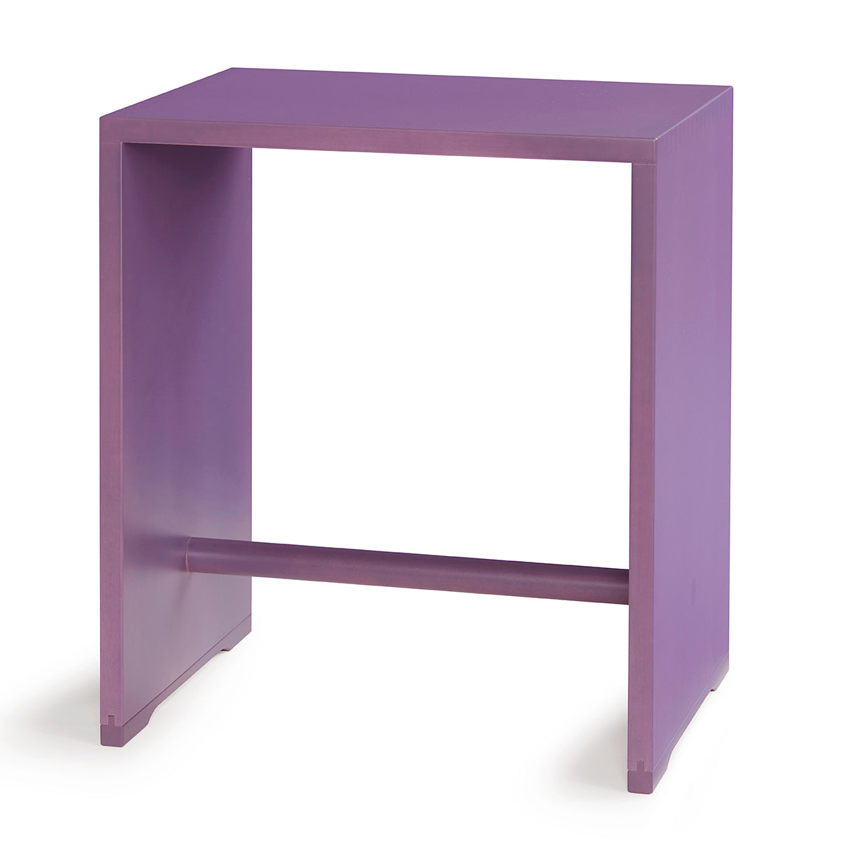 The Ulmer Stool by WB Form is a small, minimalist purple side table with a rectangular design and open back. It features a horizontal support bar near the base and stands on four solid legs, offering modern elegance against a white background.