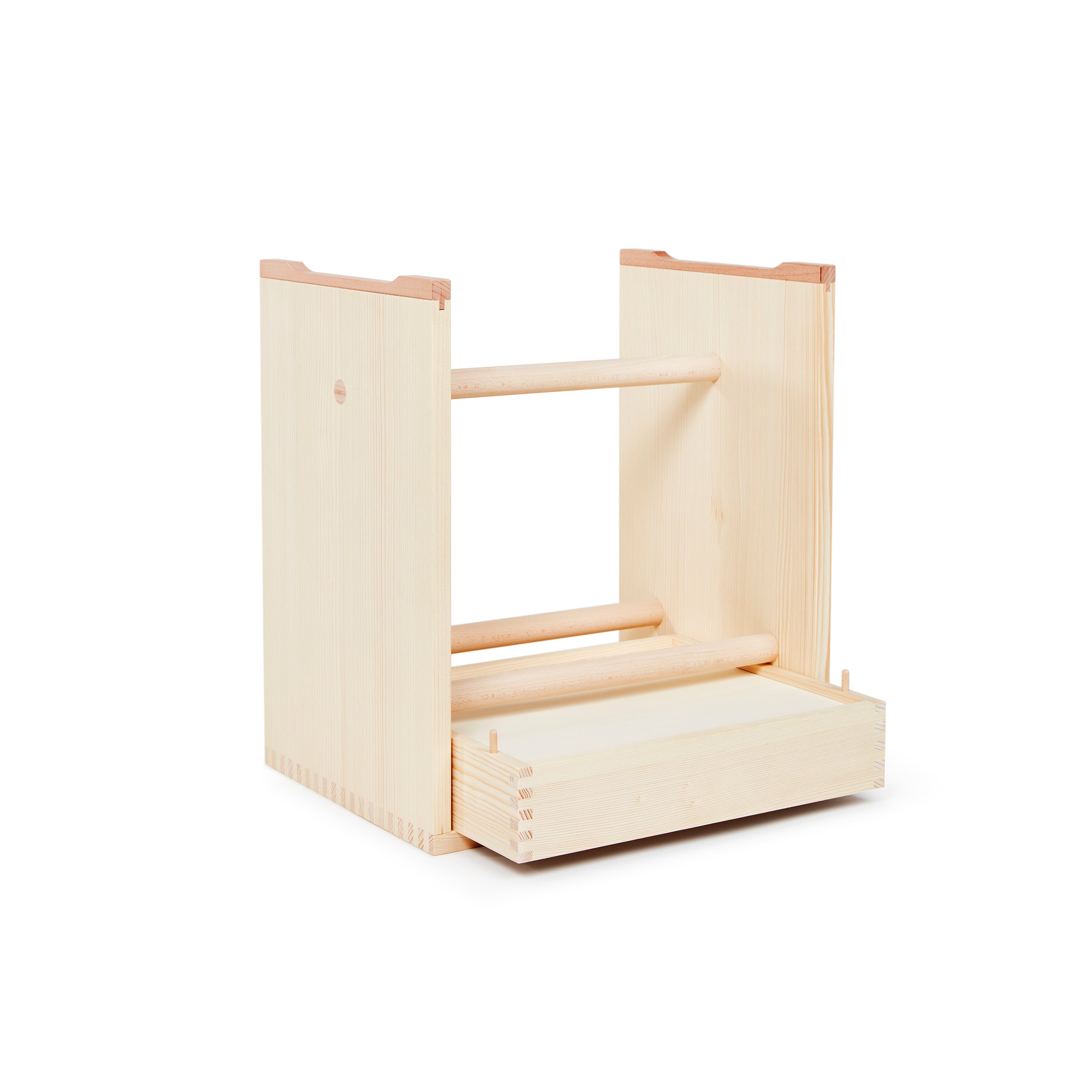 The Ulmer Stool with Drawer by WB Form boasts a minimalist design akin to Hans Gugelots style, with two vertical panels and horizontal rods. Its simple, natural finish and open frame make it perfect for storage or display.