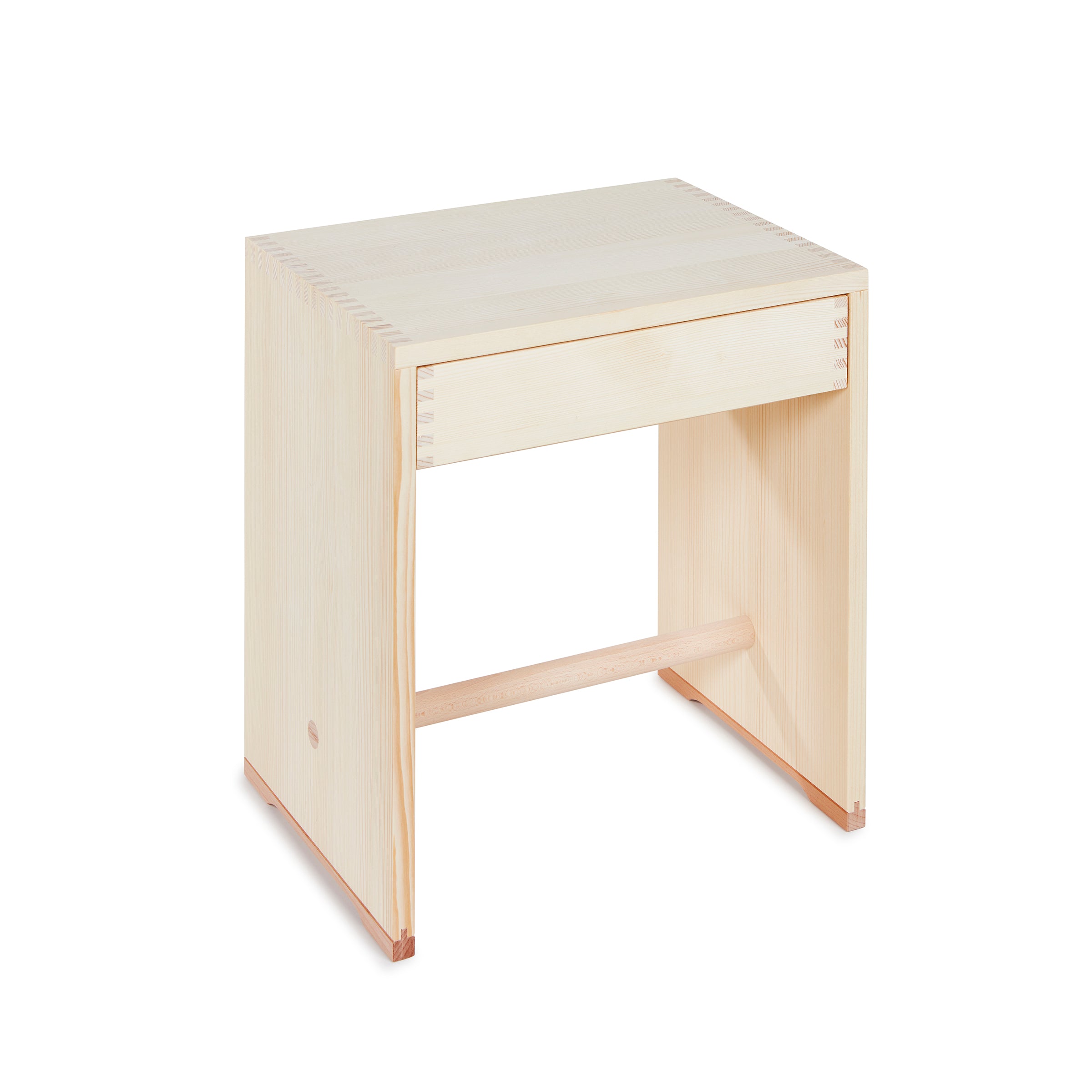 The Ulmer Stool with Drawer by WB Form draws inspiration from Hans Gugelots minimalist designs. It features a simple, lightweight wooden structure, dovetail joints, and a rectangular seat with a horizontal support bar at the base for a clean, modern look.