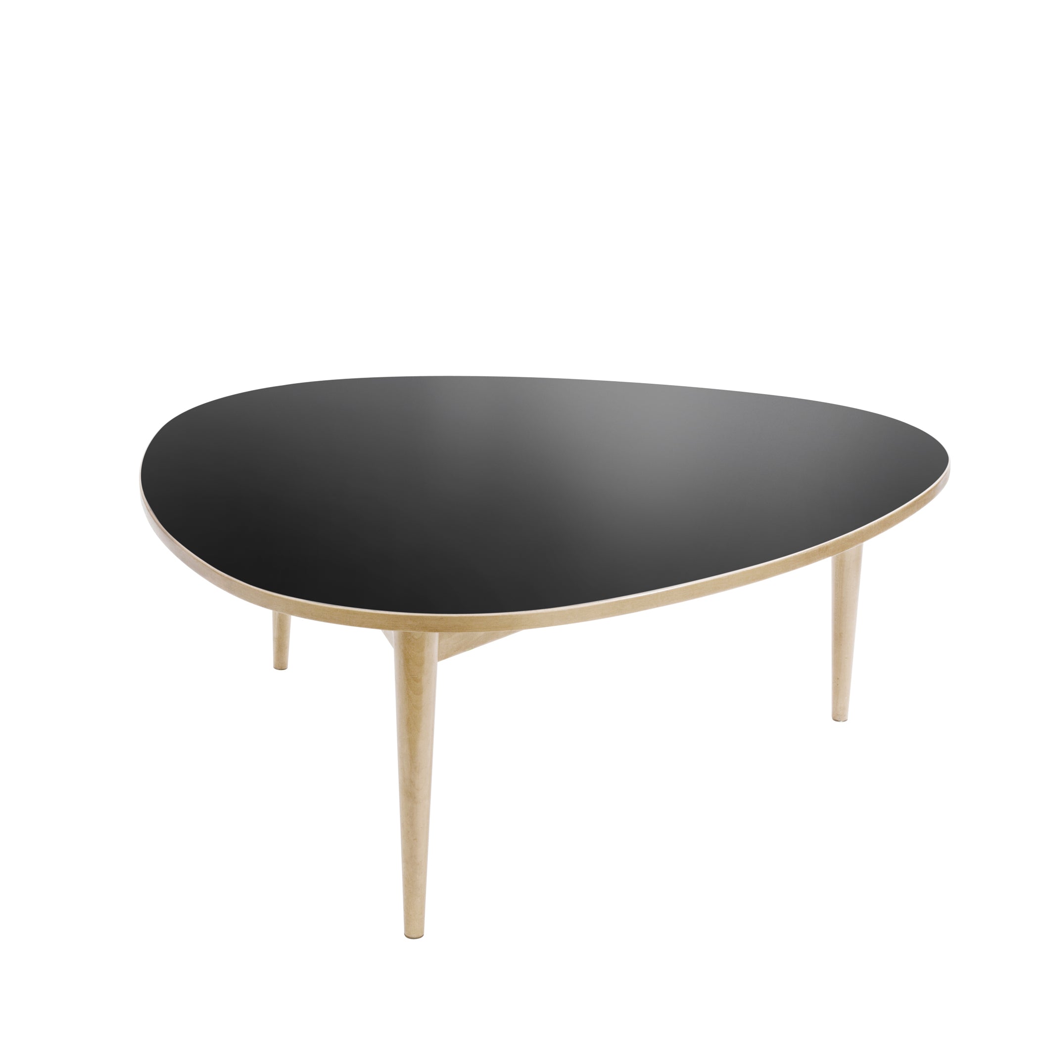 The Drei-Rund Coffee Table by WB Form is a modern, kidney-shaped piece with a smooth black top and light wooden legs. Its sleek design features three tapered legs, embodying Max Bills influence on functional elegance.