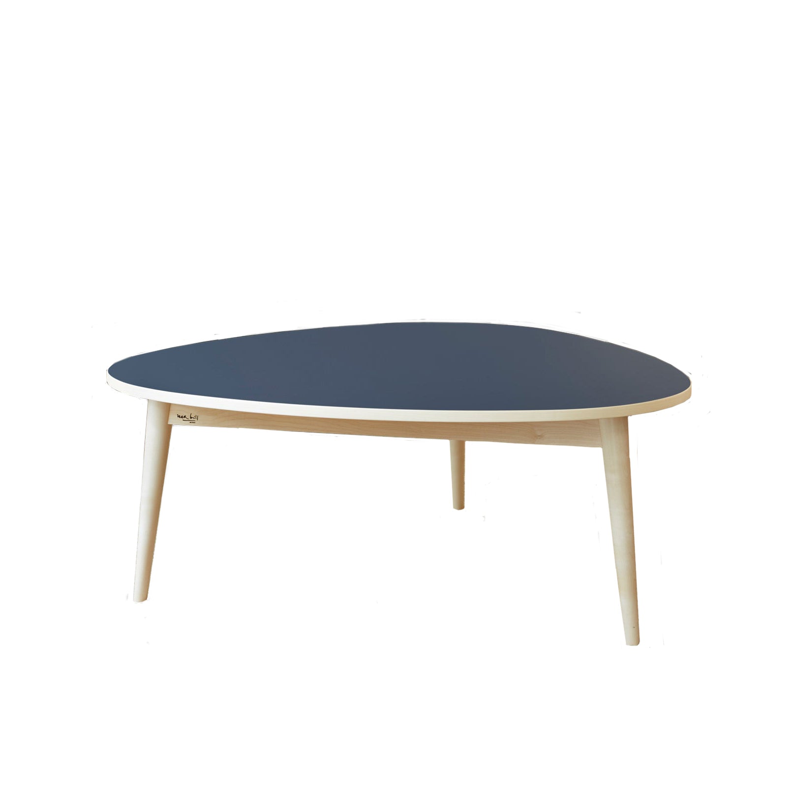 The Drei-Rund Coffee Table by WB Form boasts a modern, geometric design with a triangular dark blue top and light wooden legs, echoing Max Bill aesthetics against a white backdrop.