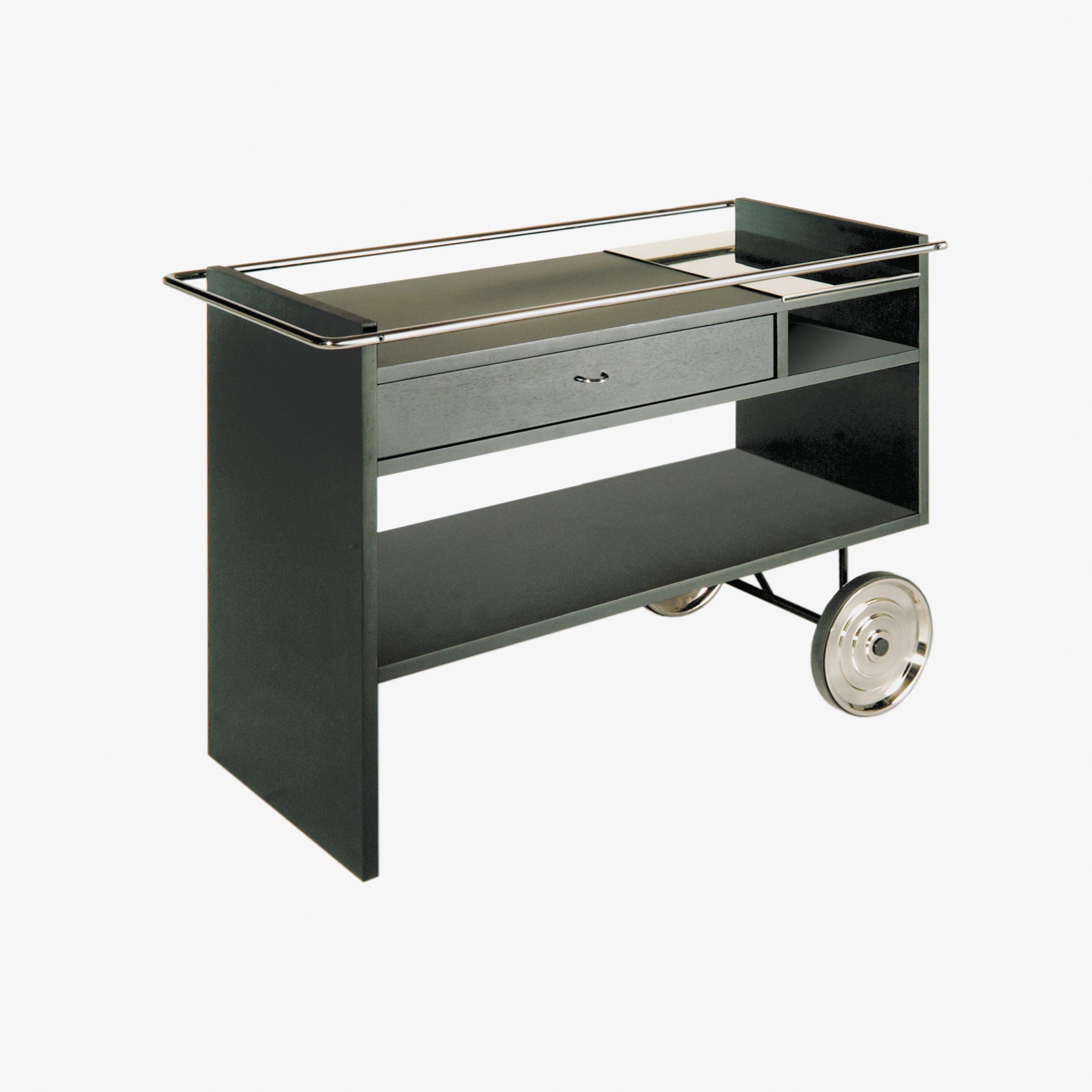 The UPW Bar Trolley by WB Form is a sleek, modern serving trolley with a metallic frame, two wheels, and metal handle. It features clean lines, a drawer, multiple shelves, and a heatproof surface for versatile use.