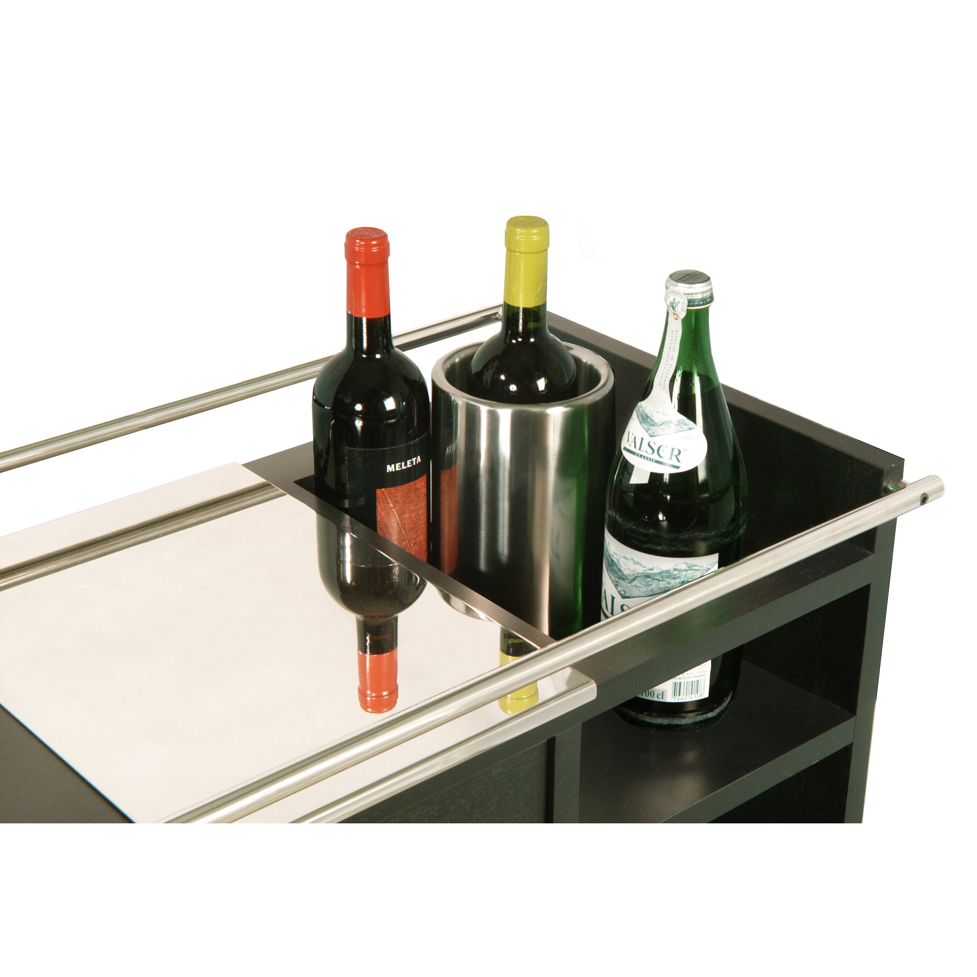 The WB Form UPW Bar Trolley, with a mirrored top and black finish, elegantly holds two wine bottles—one red labeled and one with a yellow cap—a silver ice bucket, and a green glass bottle. Its metal rails provide organized sophistication with dedicated bottle compartments.