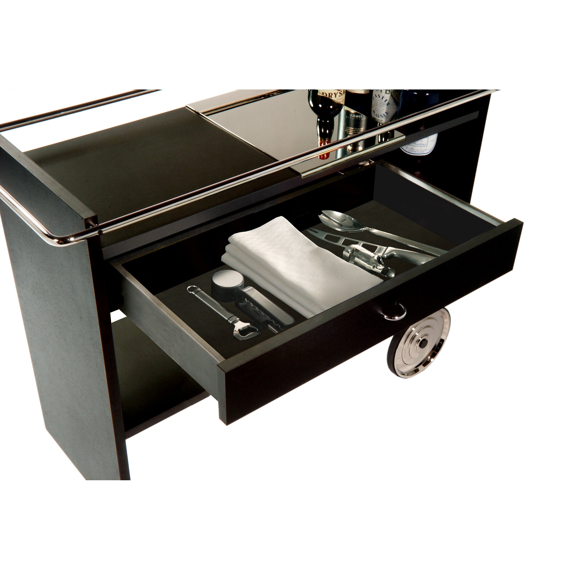 The UPW Bar Trolley by WB Form is sleek and black, featuring a drawer with a white napkin and corkscrews, plus bottles in the top shelf bottle compartment. It boasts a reflective surface and chrome wheels.