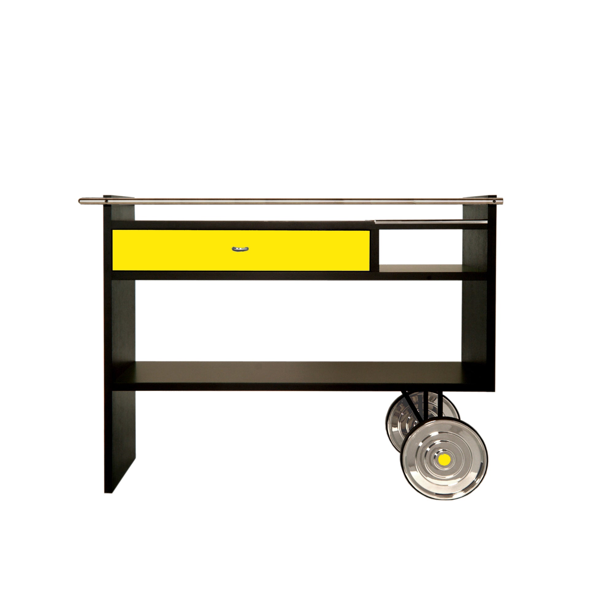 The UPW Bar Trolley from WB Form is a sleek black cart with a vibrant yellow drawer. It boasts three shelves, a bottle compartment, and large shiny wheels. The heatproof top surface seamlessly blends style and functionality in this chic piece.