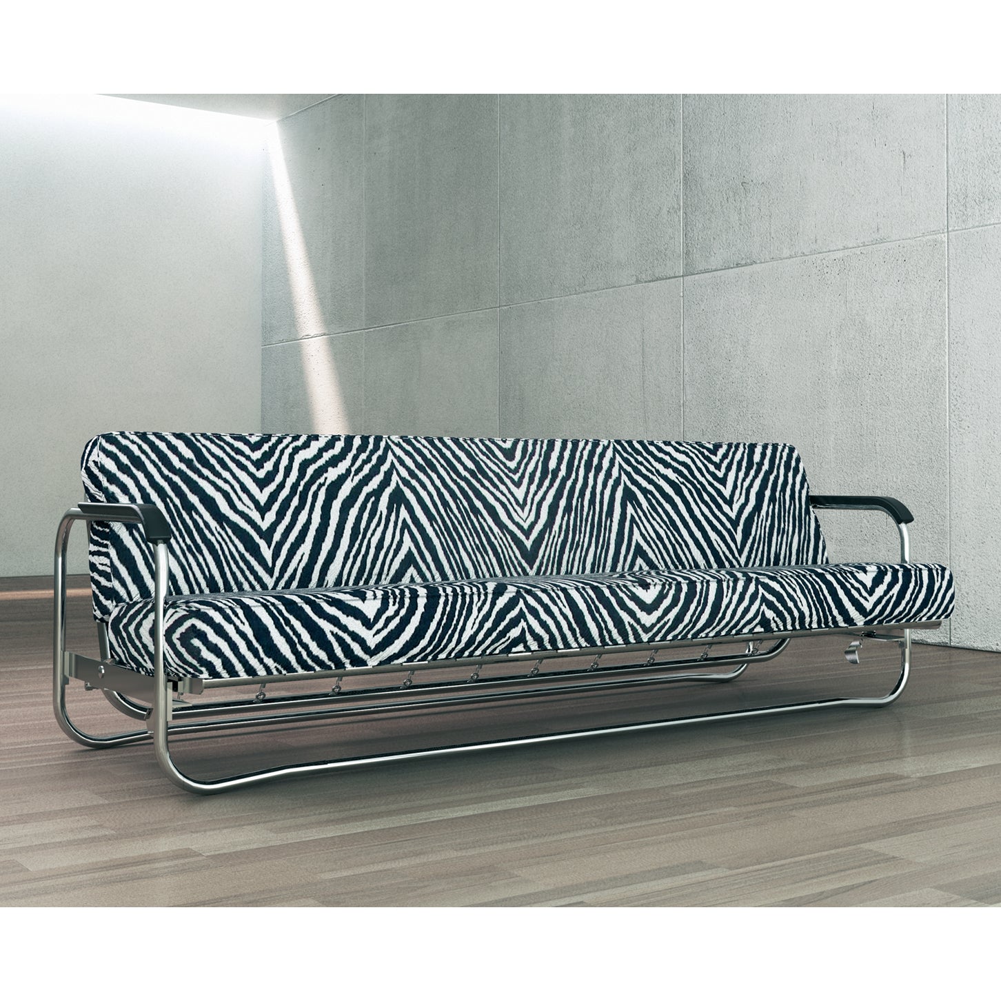 The WB Form Alvar Aalto Sofa Bed, featuring zebra-print fabric and metal armrests, embodies minimalist elegance against a concrete wall. Its design beautifully contrasts with the wooden floor, while a sliver of light from the top left corner echoes Aaltos love for natural illumination.