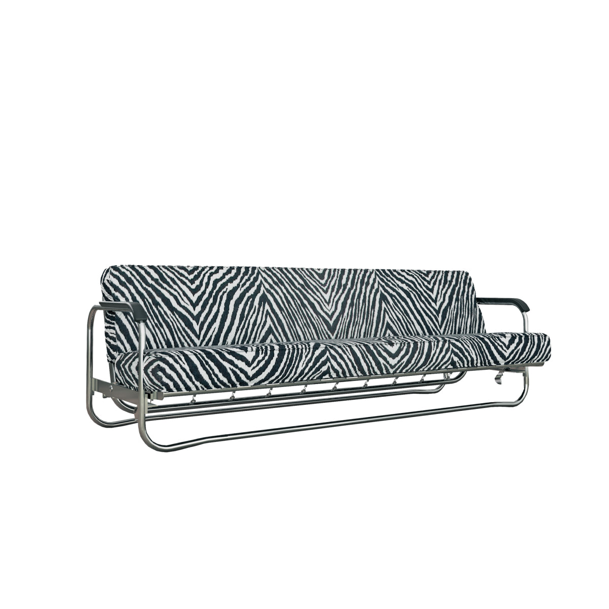 The Alvar Aalto Sofa Bed by WB Form captures modern designs essence with its retro metal frame and zebra print cushions, offering a bold black-and-white contrast reminiscent of Alvar Aaltos artistic flair.