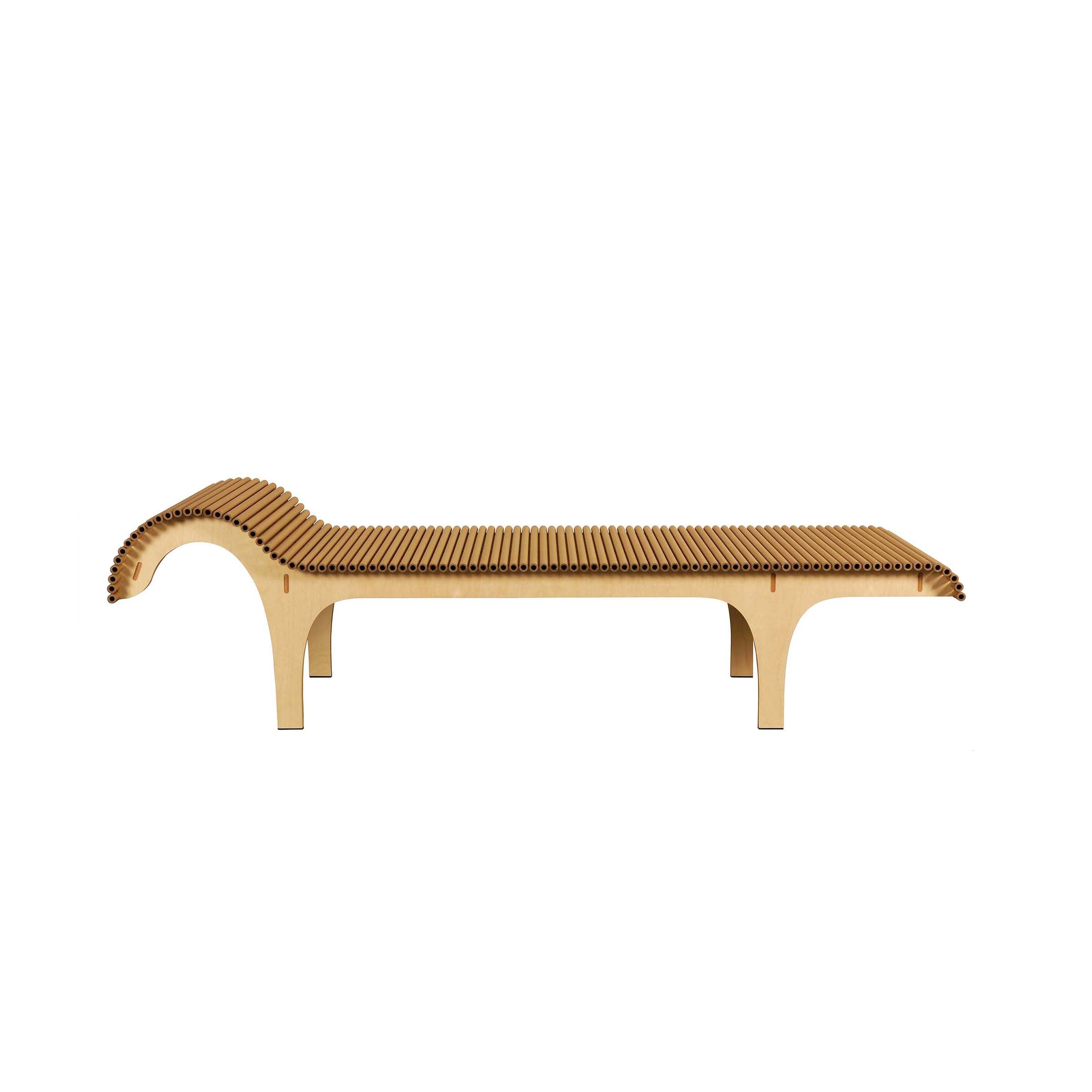 The Carta Chaise Longue by WB Form is a modern wooden lounge chair with a sleek, minimalist design reminiscent of Shigeru Ban furniture. It features a slatted surface with curved ends supported by arched legs, offering an elegant and functional appearance that embodies ecological principles.