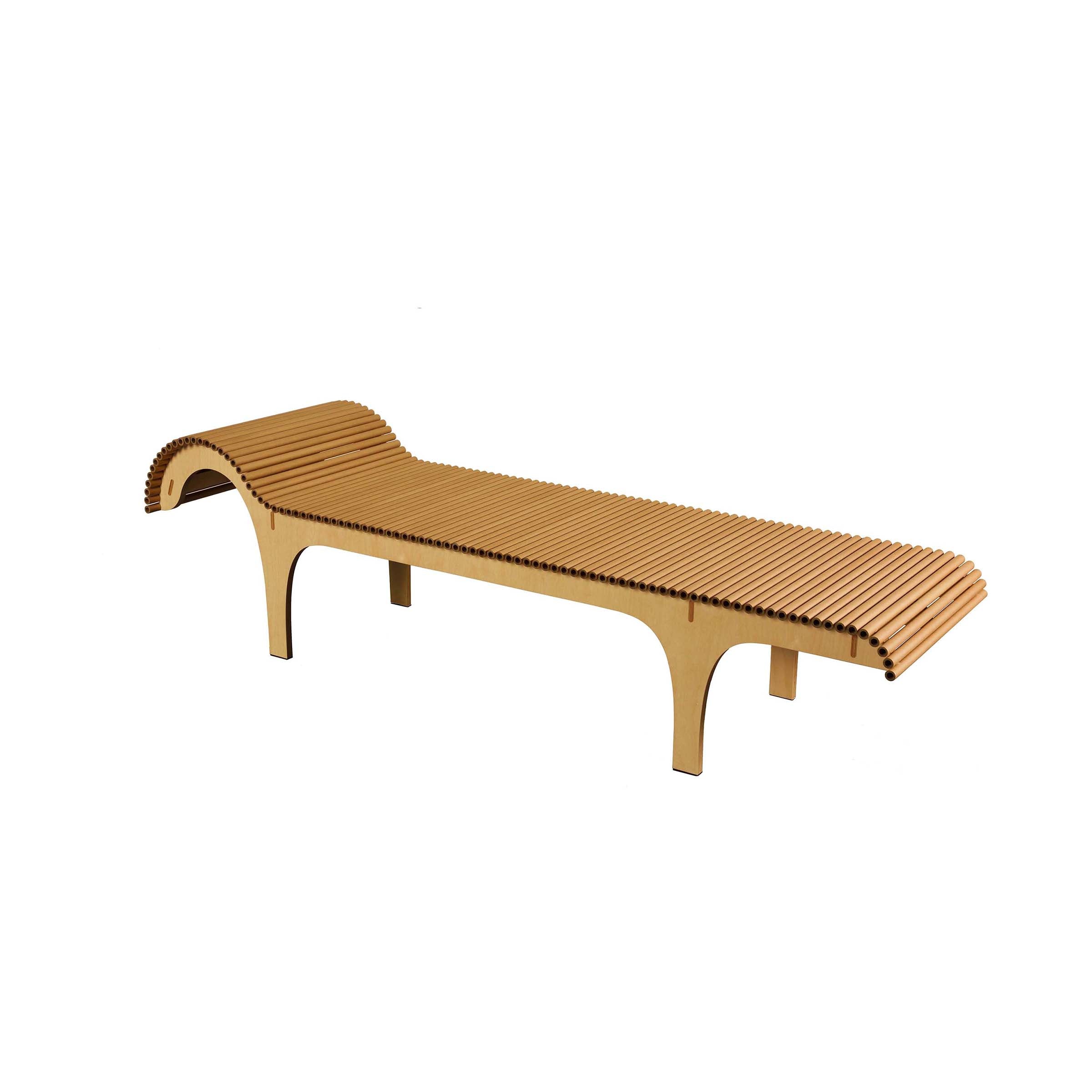 The Carta Chaise Longue by WB Form is a minimalist wooden bench featuring a slatted design and a curved headrest. Inspired by Shigeru Ban, it stands on two arch-shaped legs, blending sleek, modern aesthetics against a white background.