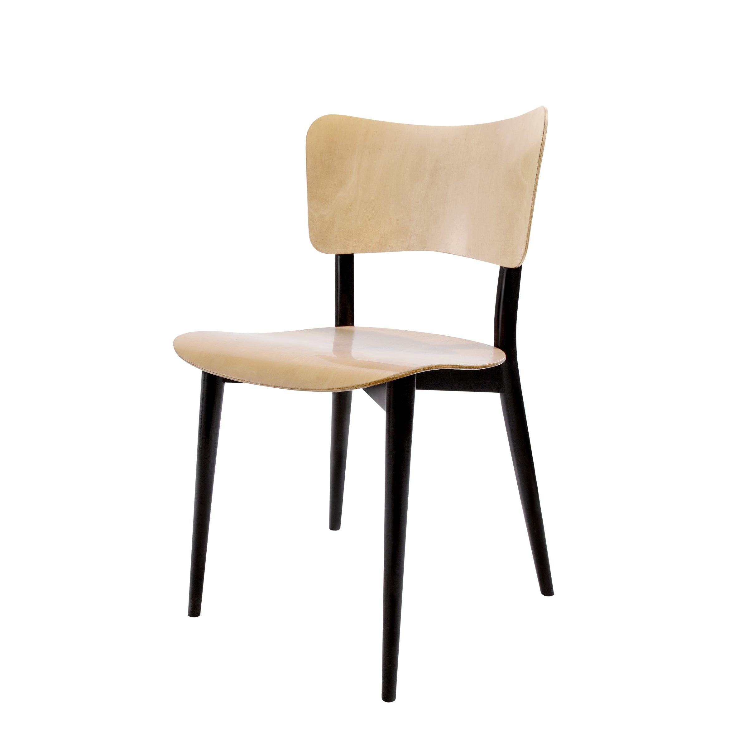 The Kreuzzargenstuhl Chair by WB Form offers a minimalist design inspired by Max Bills iconic style, featuring a light wooden seat and backrest, dark slim legs, and a smooth curved finish. It comes with versatile upholstery options to complement any decor seamlessly.