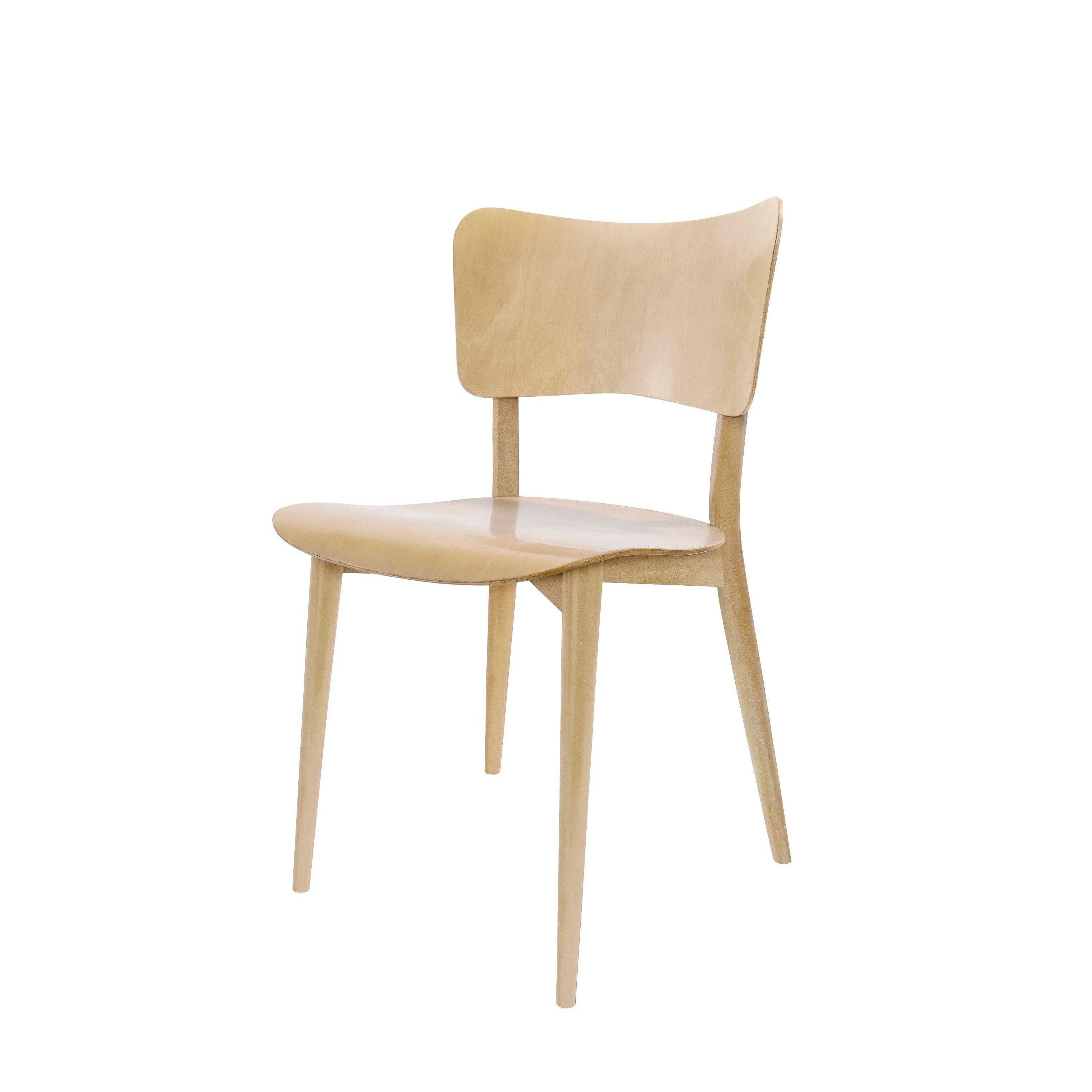 The Kreuzzargenstuhl Chair by WB Form is a light wooden chair with a modern design, featuring a gently curved backrest and contoured seat. It stands on four angled legs and offers upholstery options to enhance its minimalist aesthetic, reminiscent of Max Bills style.