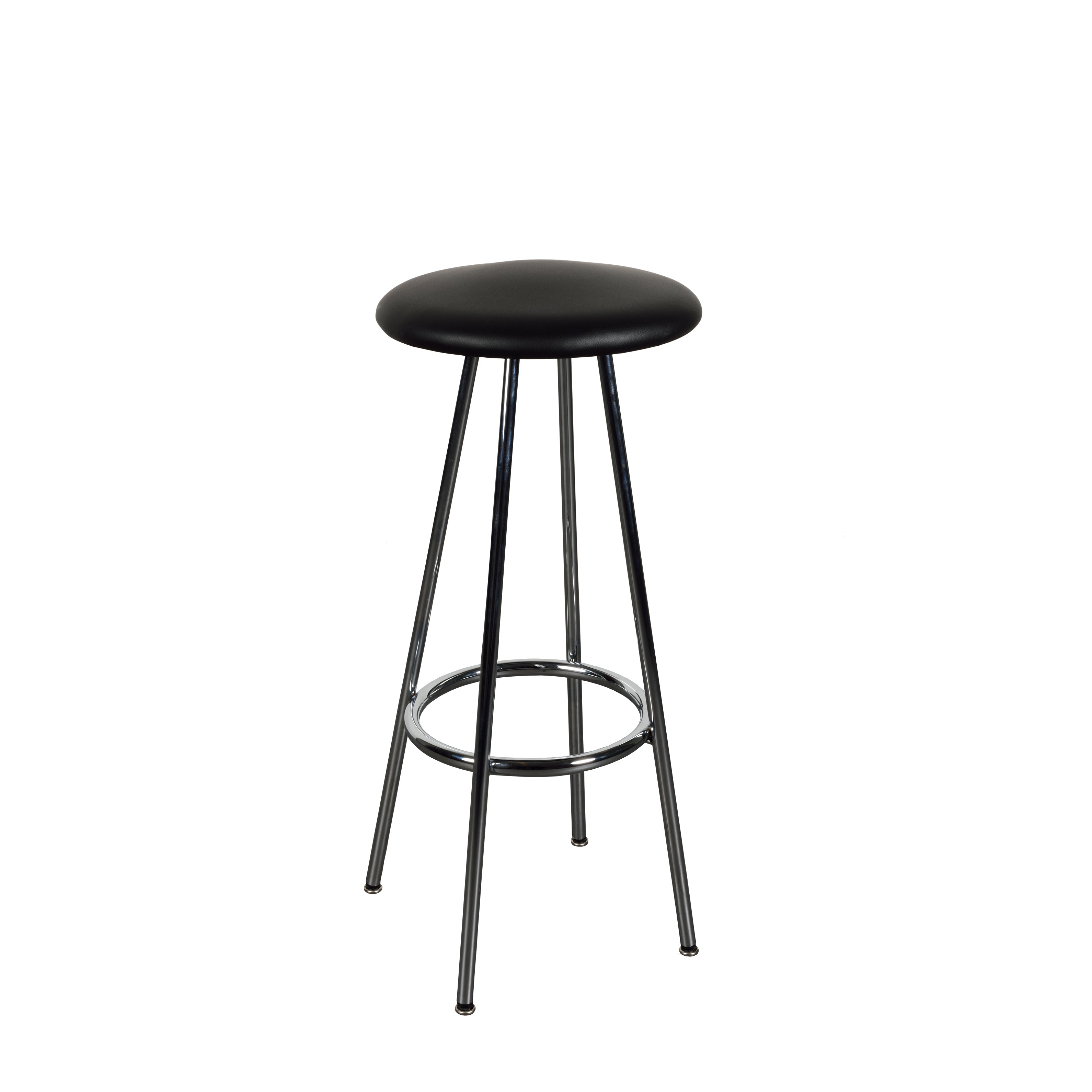 Discover the Max Bill Barstool by WB Form, a tall masterpiece featuring a round black cushioned seat and sleek chrome-plated legs joined by a circular footrest.