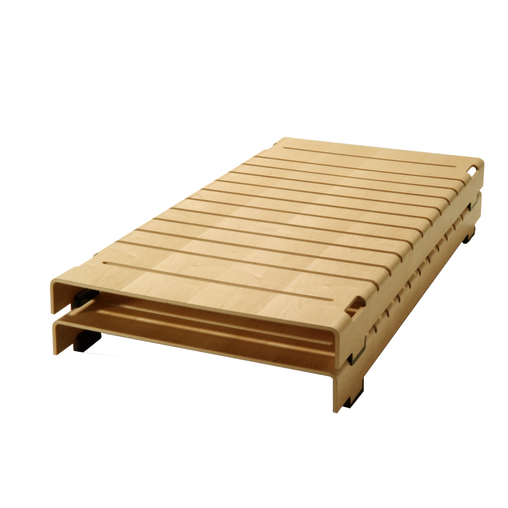 The Turtle Stacking Bed by WB Form is a minimalist wooden slatted bed frame, boasting evenly spaced horizontal slats and short dark legs. Crafted with a flexible furniture approach, its light wood texture is beautifully highlighted.