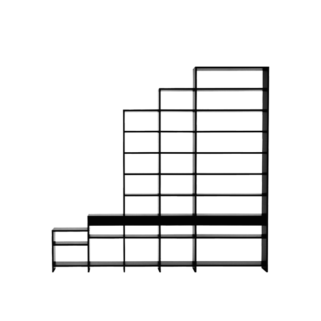 The UPW Shelf by WB Form is a black, stair-step shelving unit made from sustainable materials with compartments in various sizes, arranged in an ascending pattern against a plain white backdrop.
