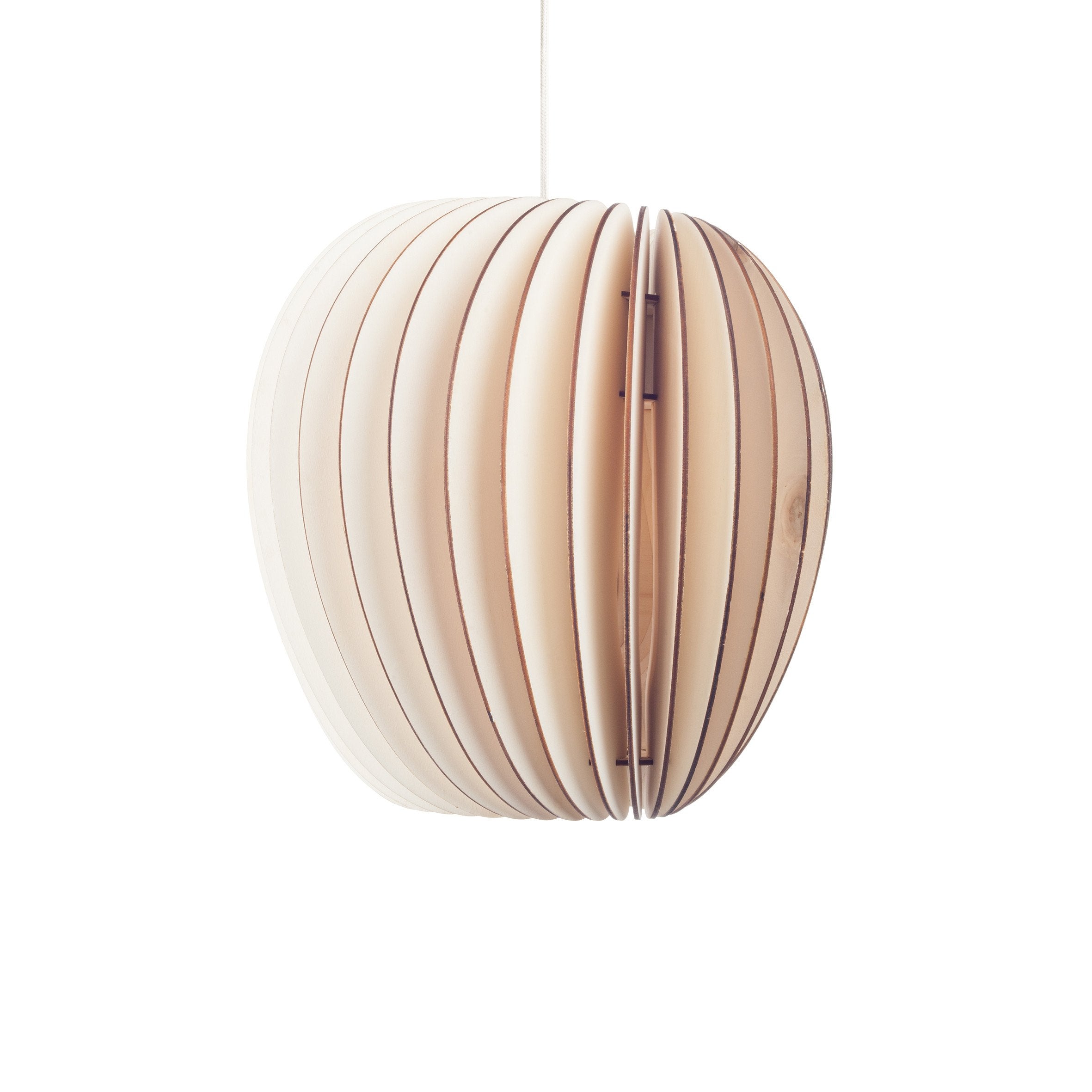 The Schneid Pirum pendant lamp features a spherical design crafted from thin wooden slats. This organic form emits soft, layered light for natural ambiance, highlighted against a white background that accentuates its sleek minimalistic aesthetic.