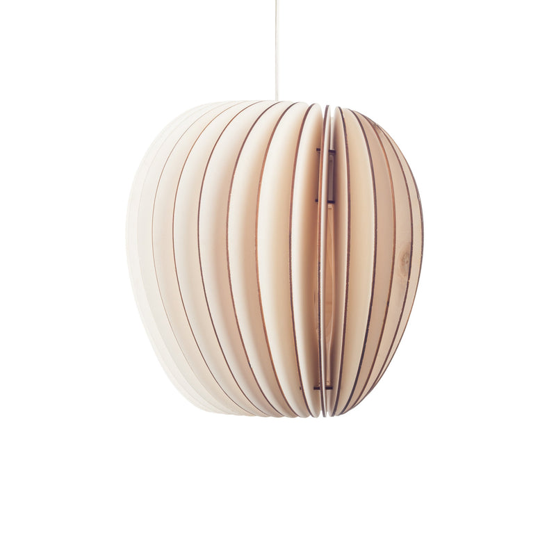 The Schneid Pirum pendant lamp features a spherical design crafted from thin wooden slats. This organic form emits soft, layered light for natural ambiance, highlighted against a white background that accentuates its sleek minimalistic aesthetic.